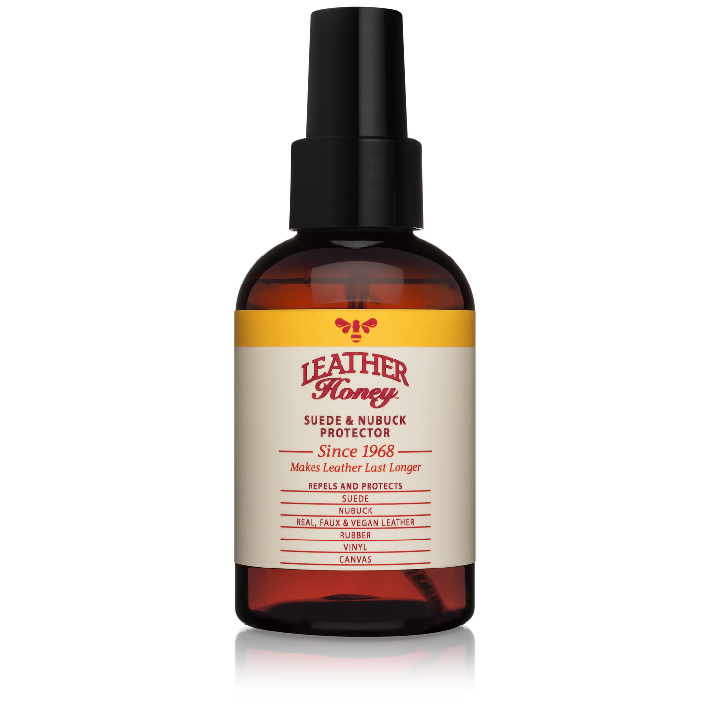 Bottle of Leather Honey suede and nubuck protector on a white background