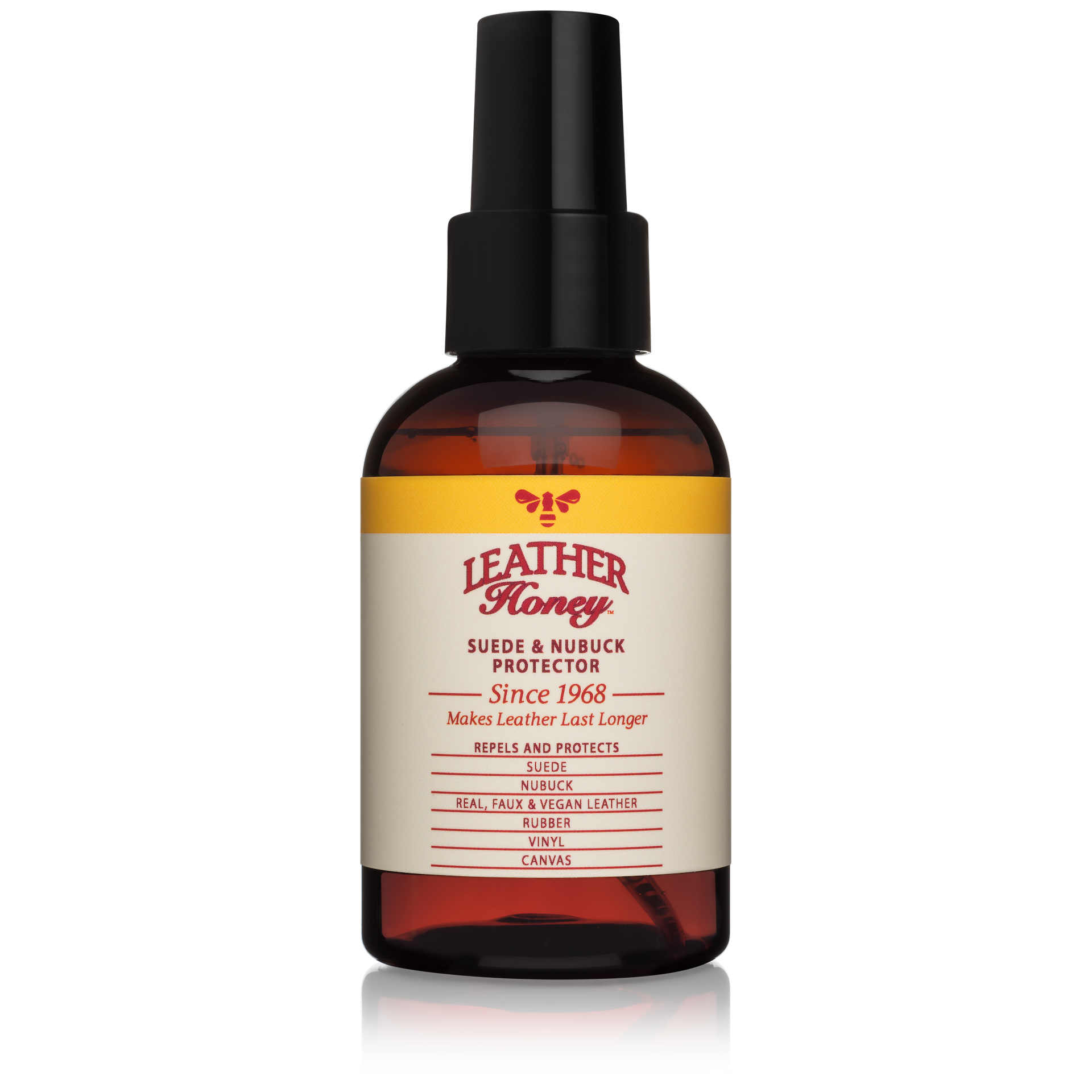 Bottle of Leather Honey suede and nubuck protector on a white background