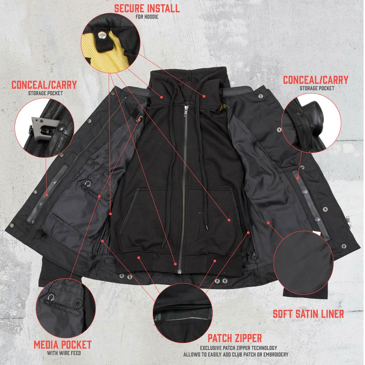 Milwaukee Leather Women's Tara Black Leather Motorcycle Rider 2-in-1 Convertible Hoodie Jacket Vest - LKL4712