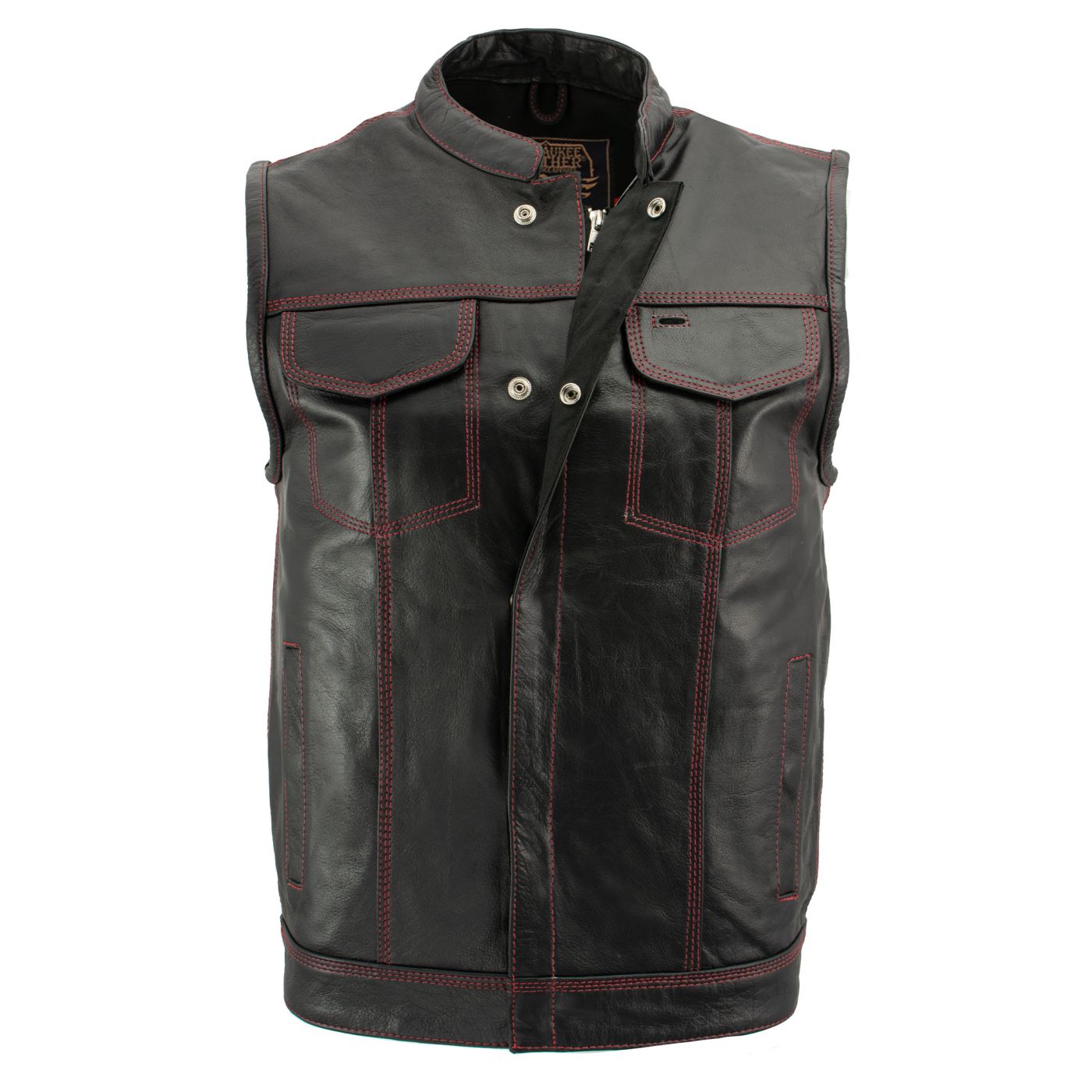 Milwaukee Leather Men's Redline Ledger Club‑Style Motorcycle Premium Leather Vest w/ Red Stitching LKM3788