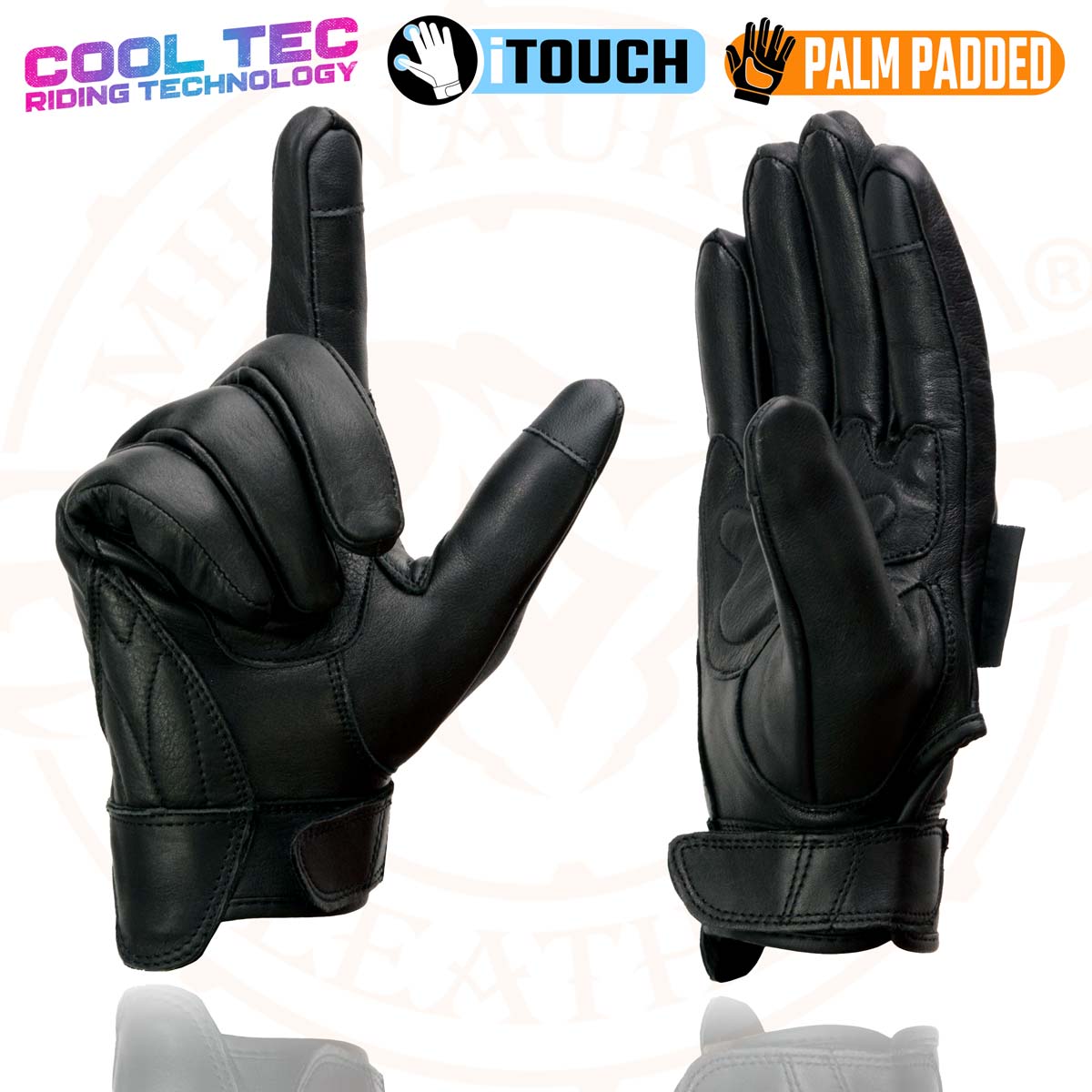 Milwaukee Leather MG7502 Men's Black Leather Gel Palm Motorcycle Gloves w/ i-Touch and Cool-Tec Technology