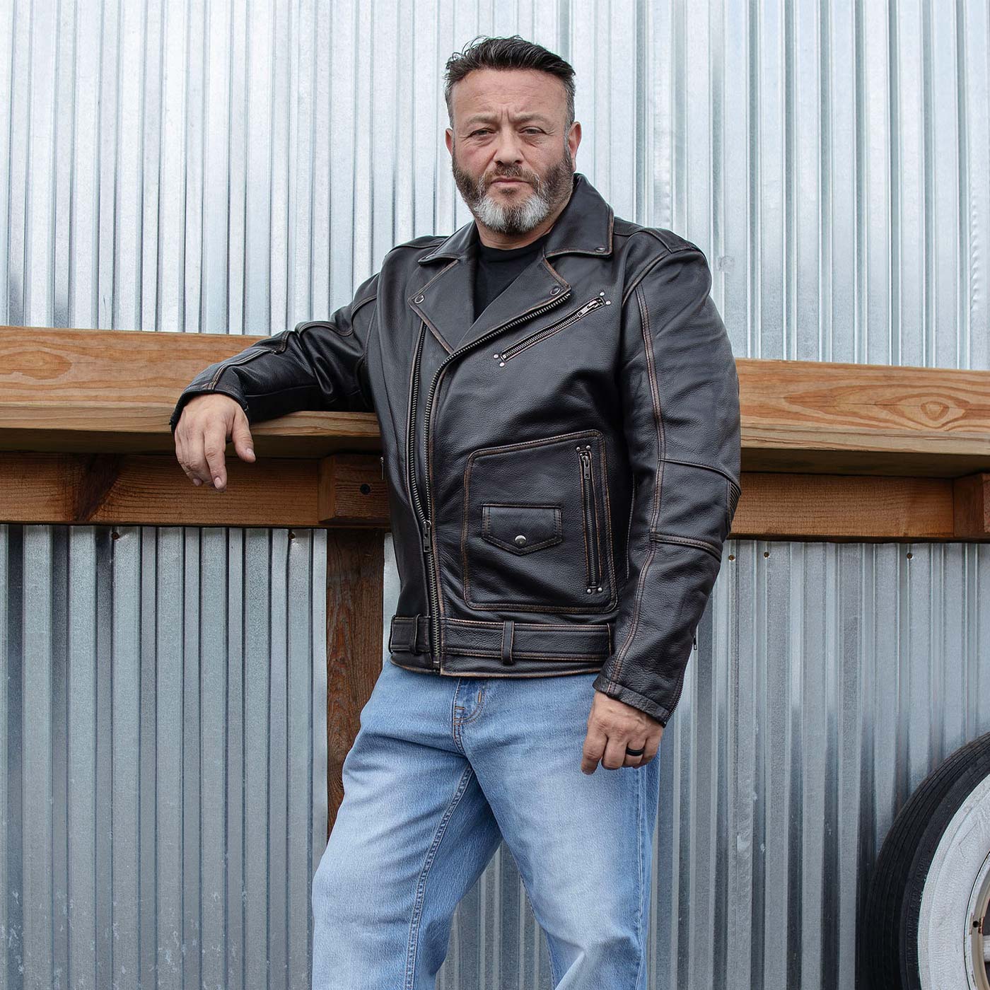 Milwaukee Motorcycle Clothing Co. Men's Unforgiven MC Style Vintage Brown Leather Jacket w/ Lapel Collar MMC10005