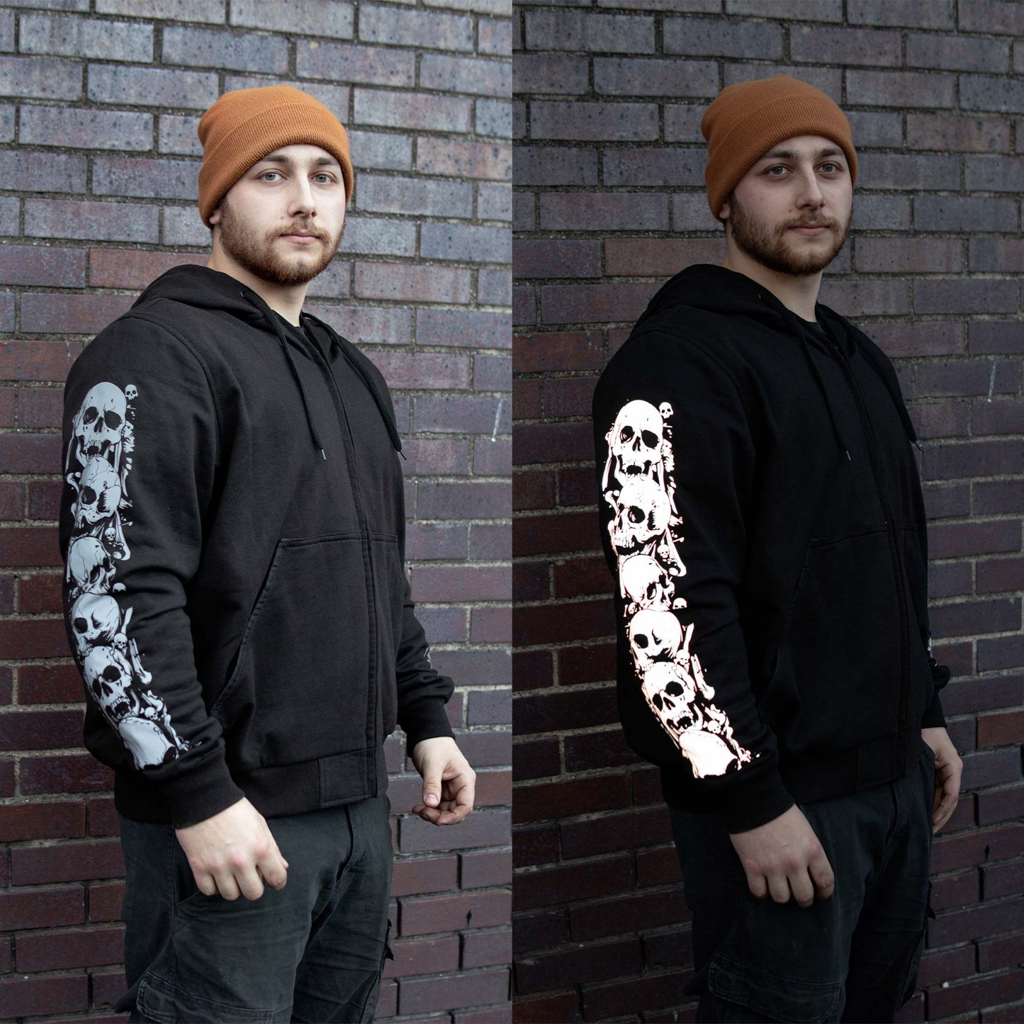 MMCC Men’s Bare Bones Riding Hoodie – Premium Cotton, Reflective Skull Sleeve, Full Zip - MPM1680
