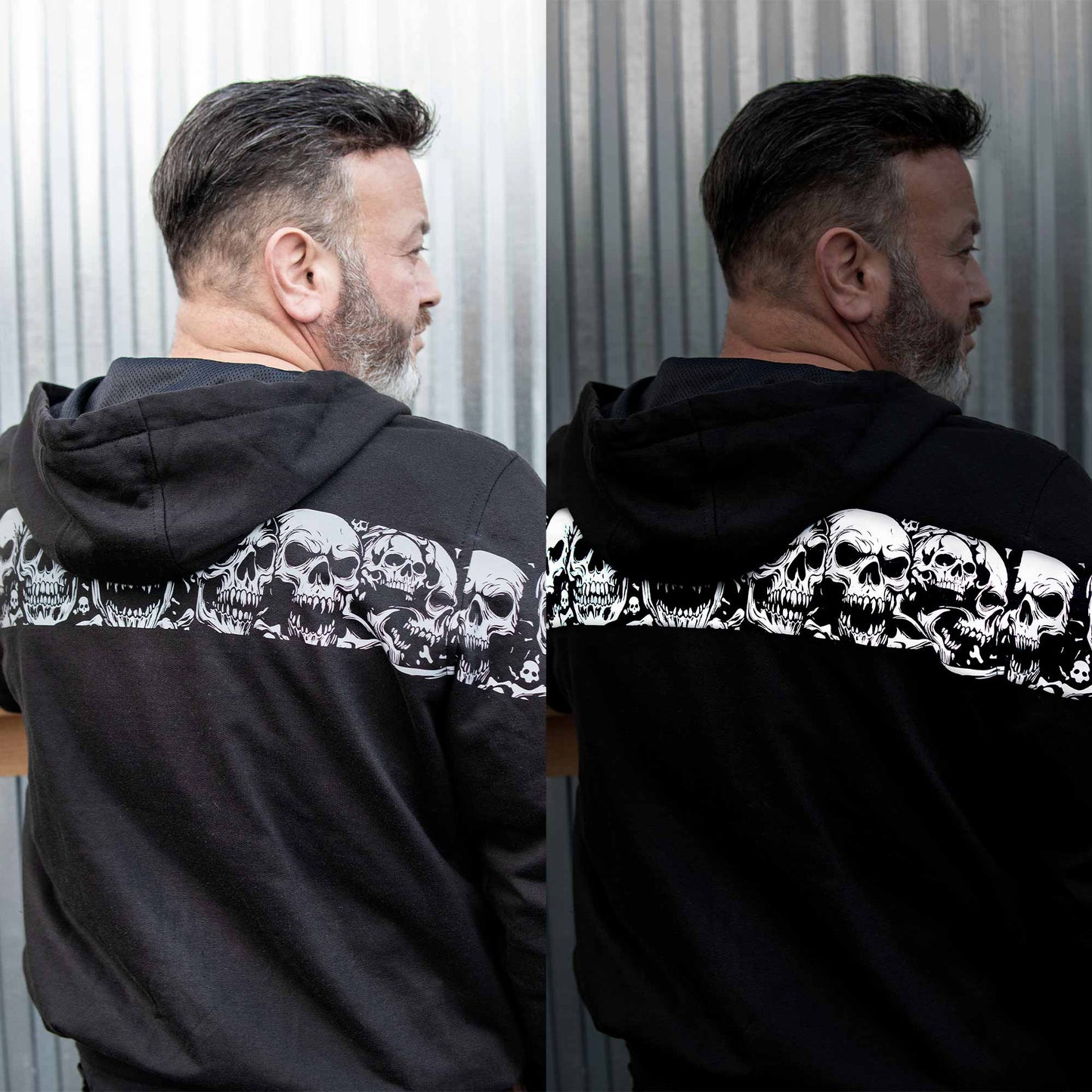 MMCC Men’s Bare Bones Hoodie – Reflective Skull Graphics Front & Back, Full Zip, 100 % Cotton - MPM1681