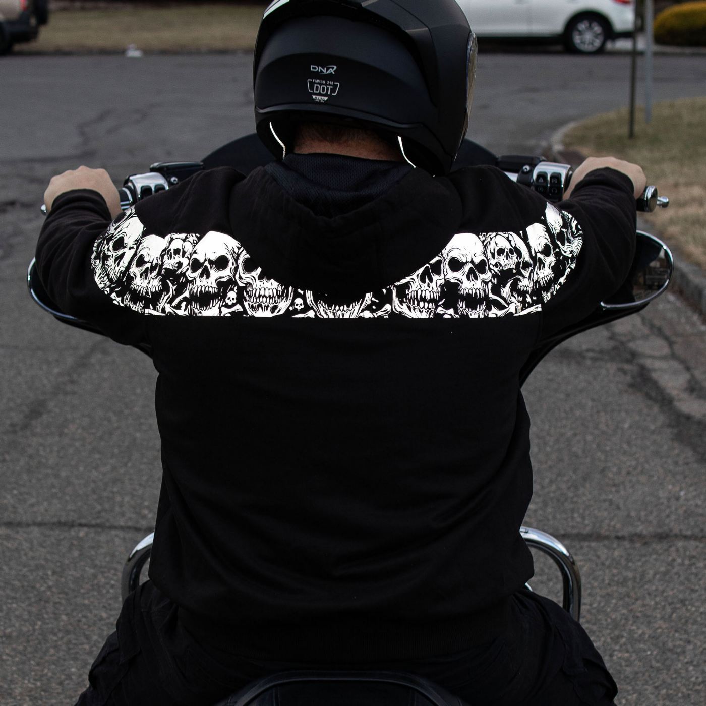 Milwaukee Leather Men's Bare Bones Black Reflective Skull CE Armored Riding Hoodie, Shoulder & Elbow Armor - MPM1798