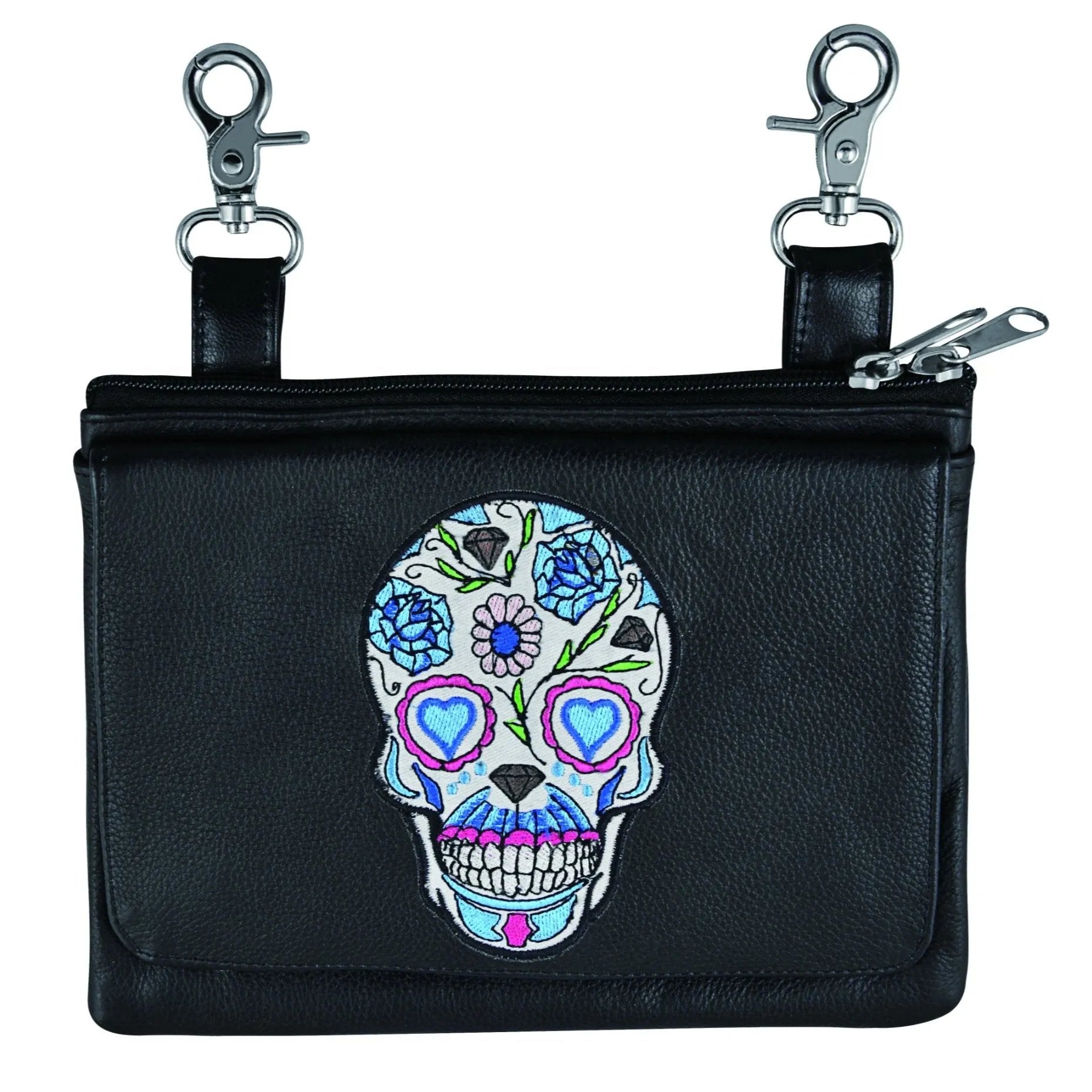 Black leather pouch with a colorful skull design on a white background