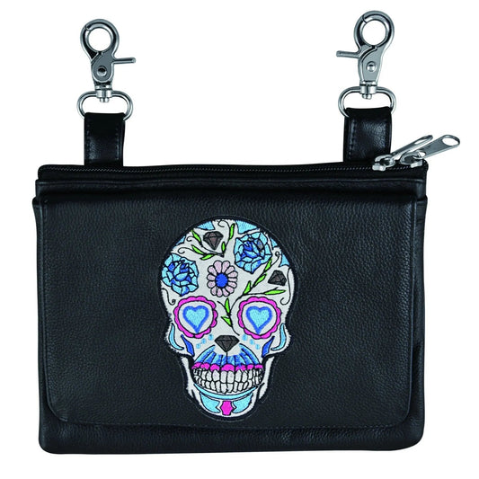 Black leather pouch with a colorful skull design on a white background