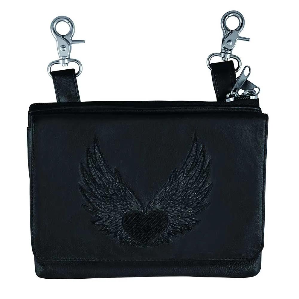 Black leather belt pouch with heart and wings design on a white background
