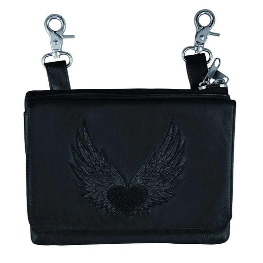 Black leather belt pouch with heart and wings design on a white background