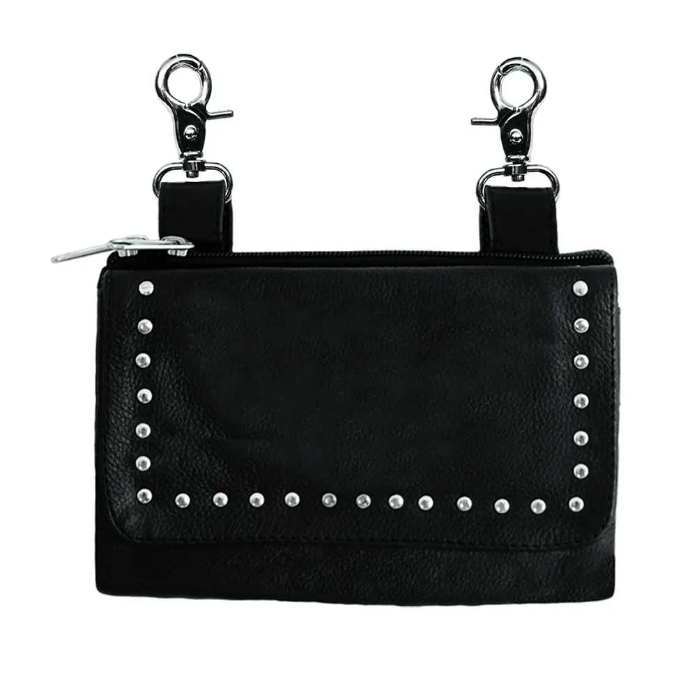 Black studded leather belt pouch with two straps on a white background