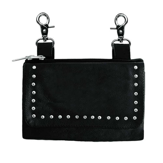 Black studded leather belt pouch with two straps on a white background