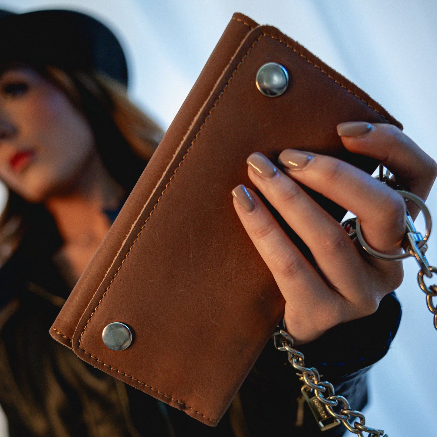 Brown Trifold Long Chain Biker Wallet