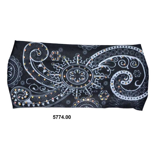 Black headband with white paisley pattern on a white background