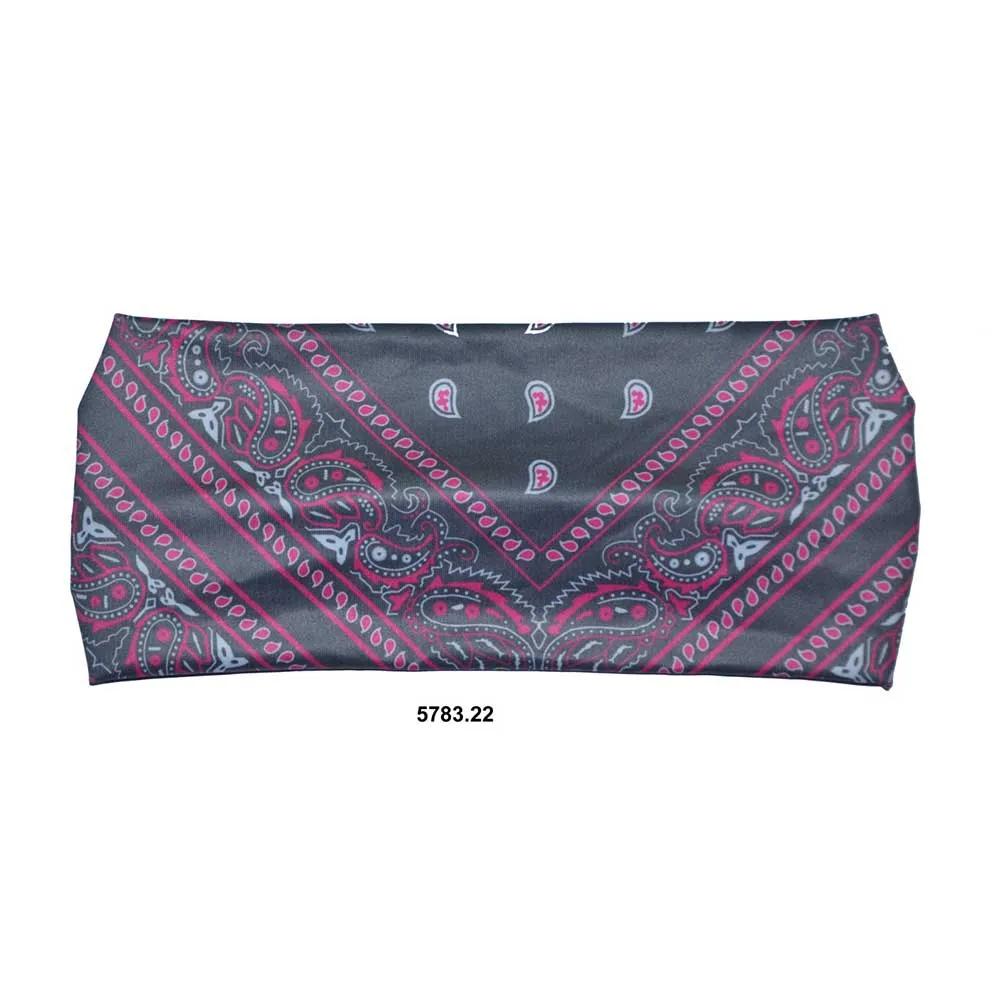 Gray and pink head wrap bandana with pink paisley pattern on a white background