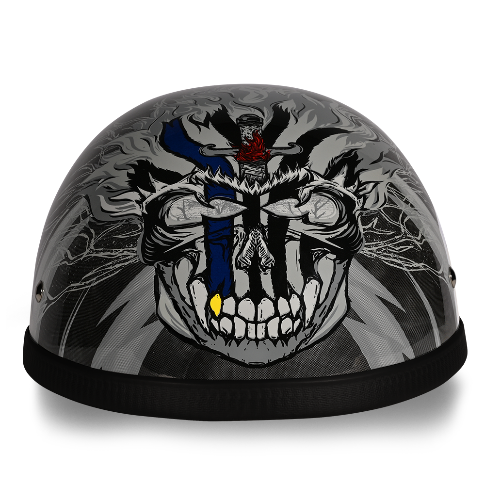 Motorcycle helmet with skull and crossbones design on a white background