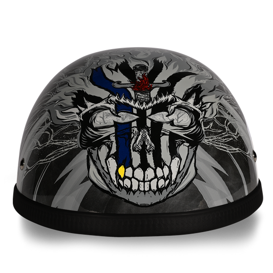 Motorcycle helmet with skull and crossbones design on a white background