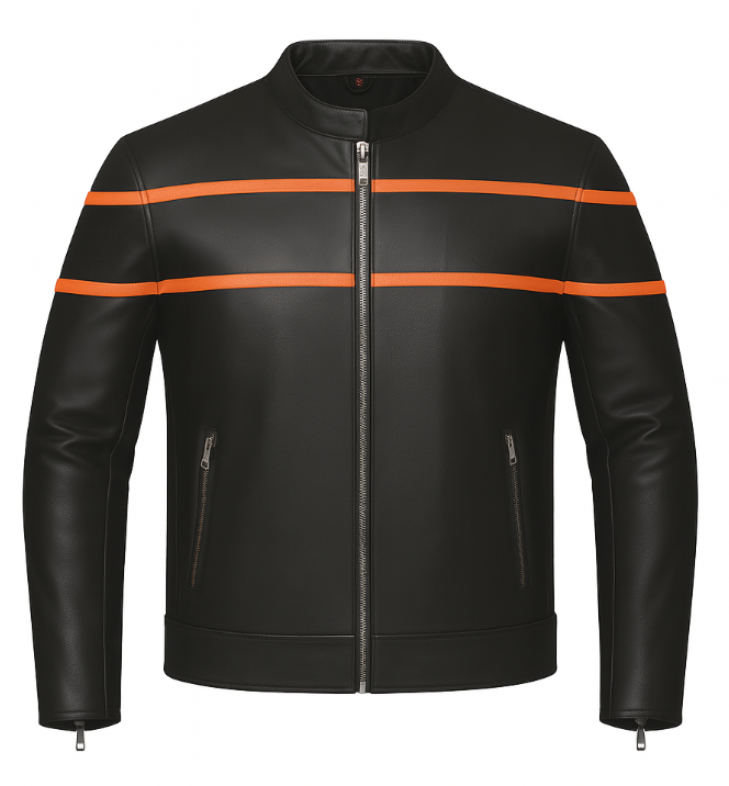 Black leather motorcycle riding jacket with orange stripes on a white background
