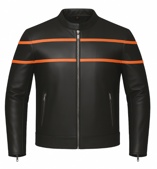 Black leather motorcycle riding jacket with orange stripes on a white background