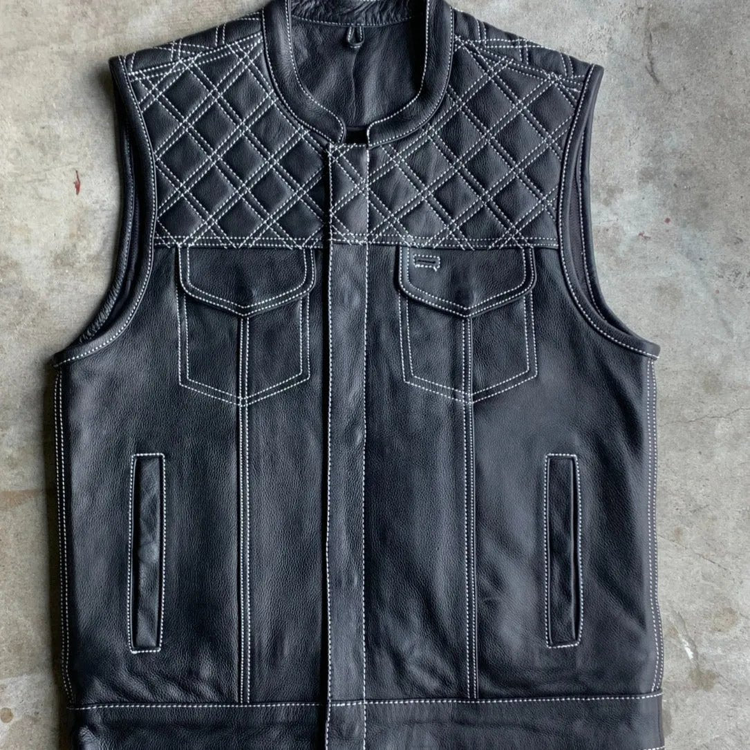 White Diamond - Mens Premium Leather Diamond Stitch Club Vest