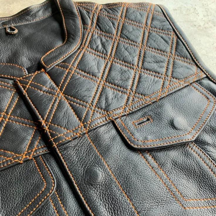 Orange Diamond - Mens Premium Leather Diamond Stitch Club Vest