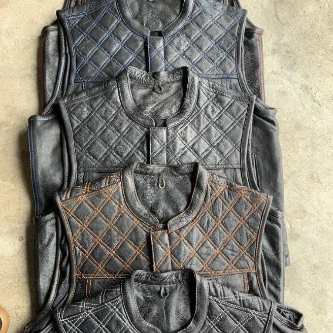 Orange Diamond - Mens Premium Leather Diamond Stitch Club Vest