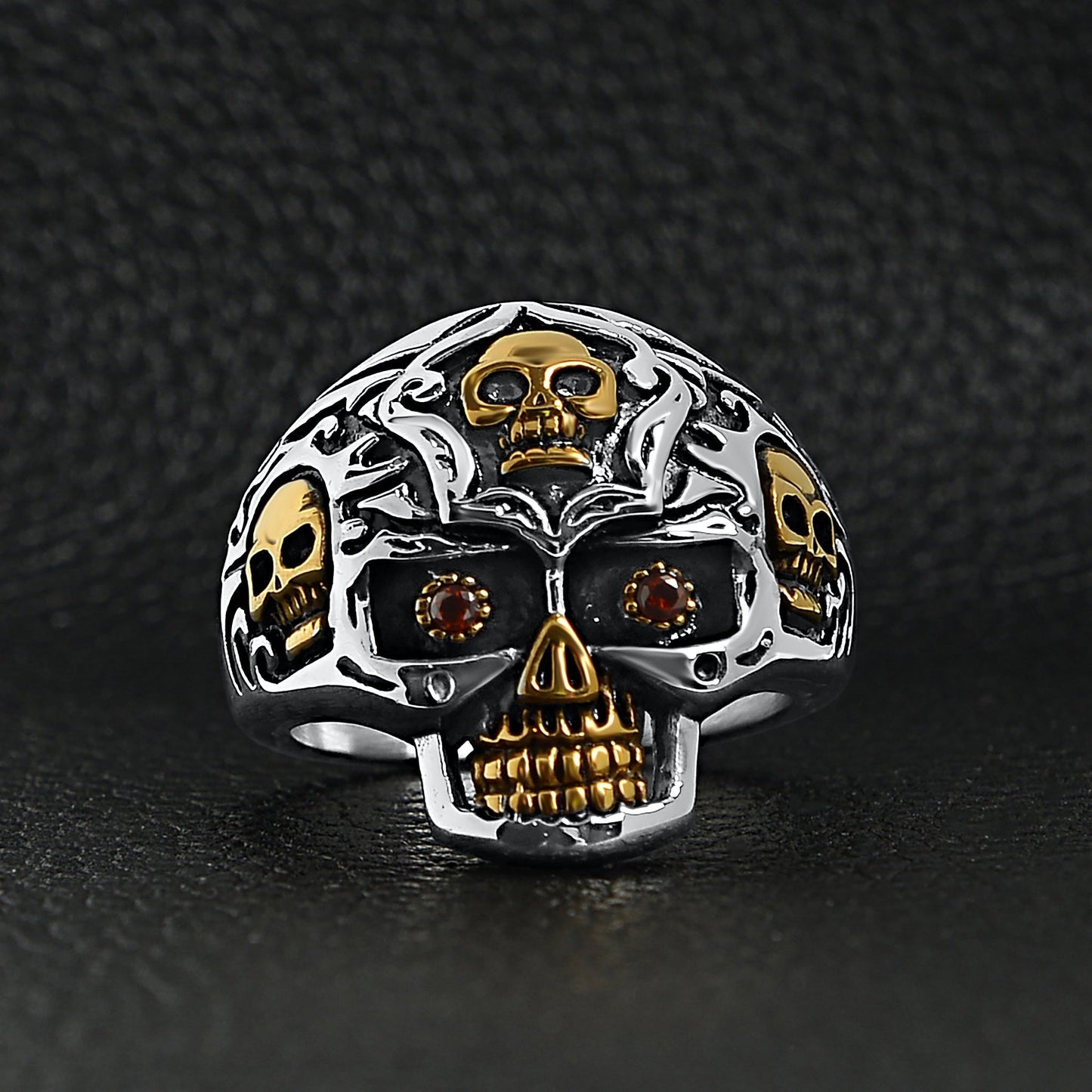 Stainless Steel 18K Gold Plated Red CZ Eyed Filigree Skull Ring