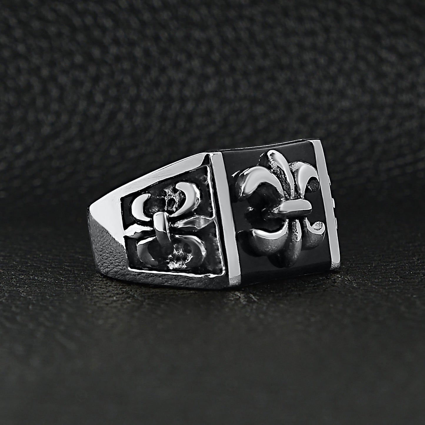 Stainless Steel Polished Black Fleur De Lis Signet Ring