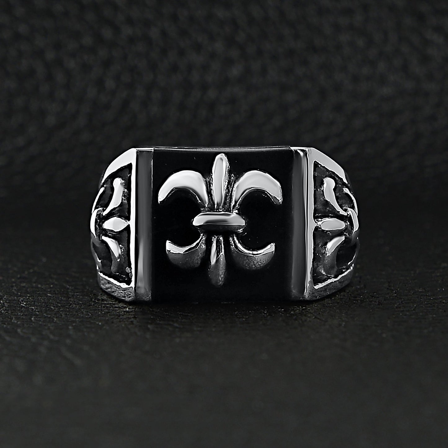 Stainless Steel Polished Black Fleur De Lis Signet Ring