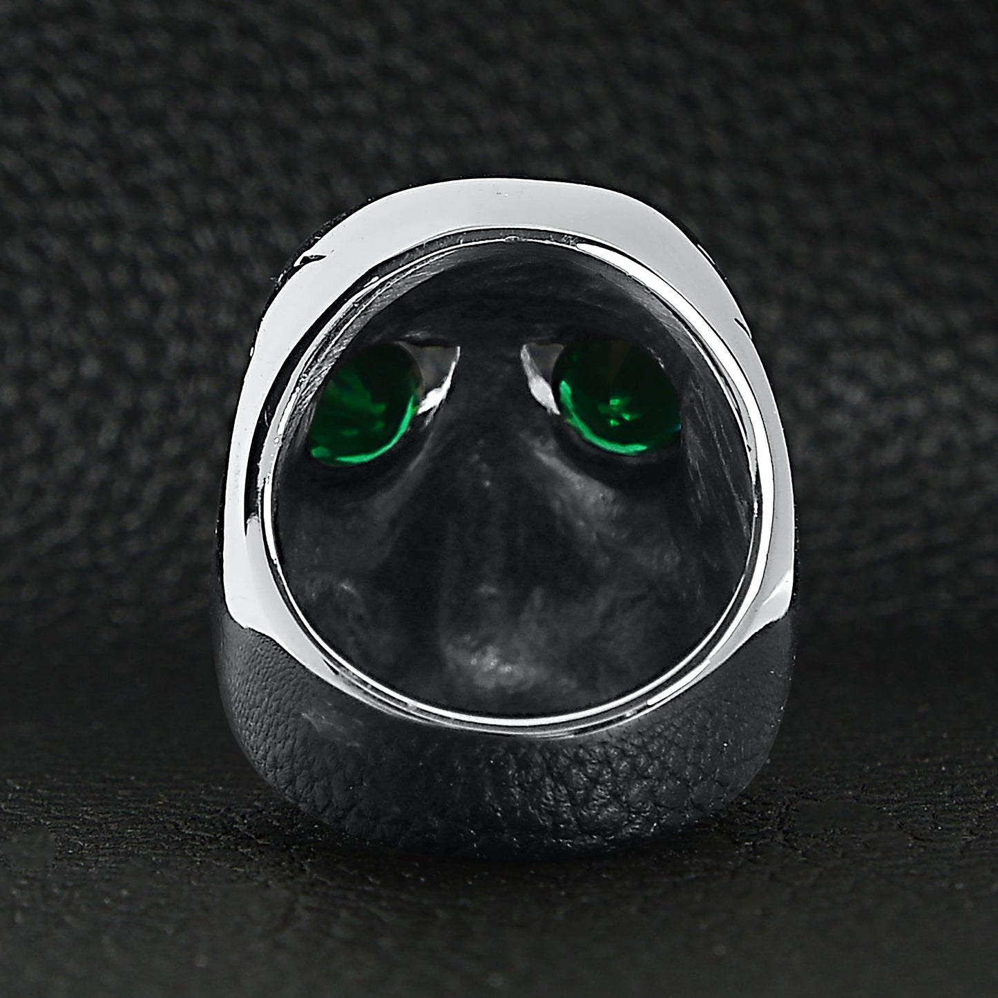 Large Stainless Steel Green CZ Eyed Cracked Skull Ring