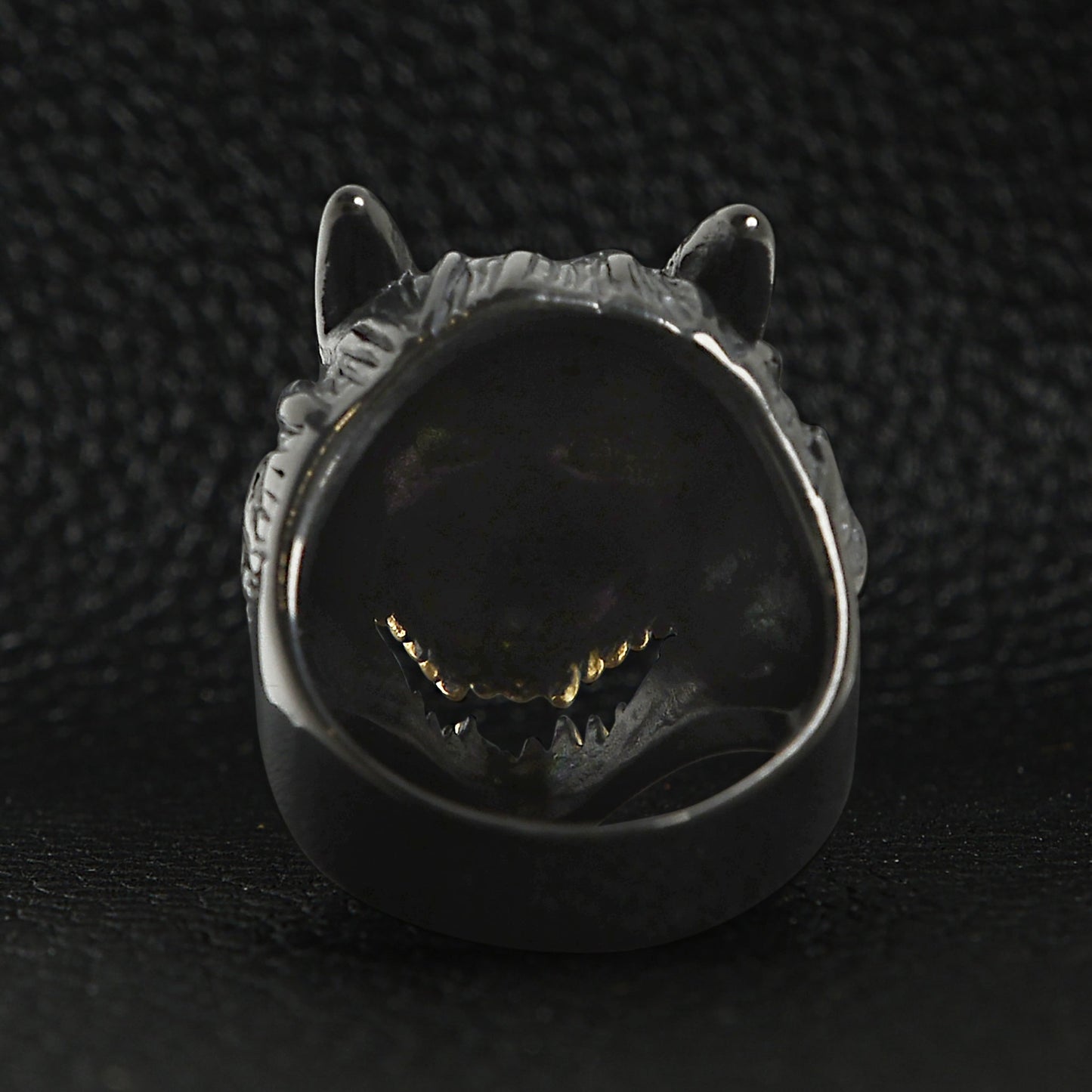 Black Stainless Steel Wolf With 18K Gold PVD Coated Teeth Ring