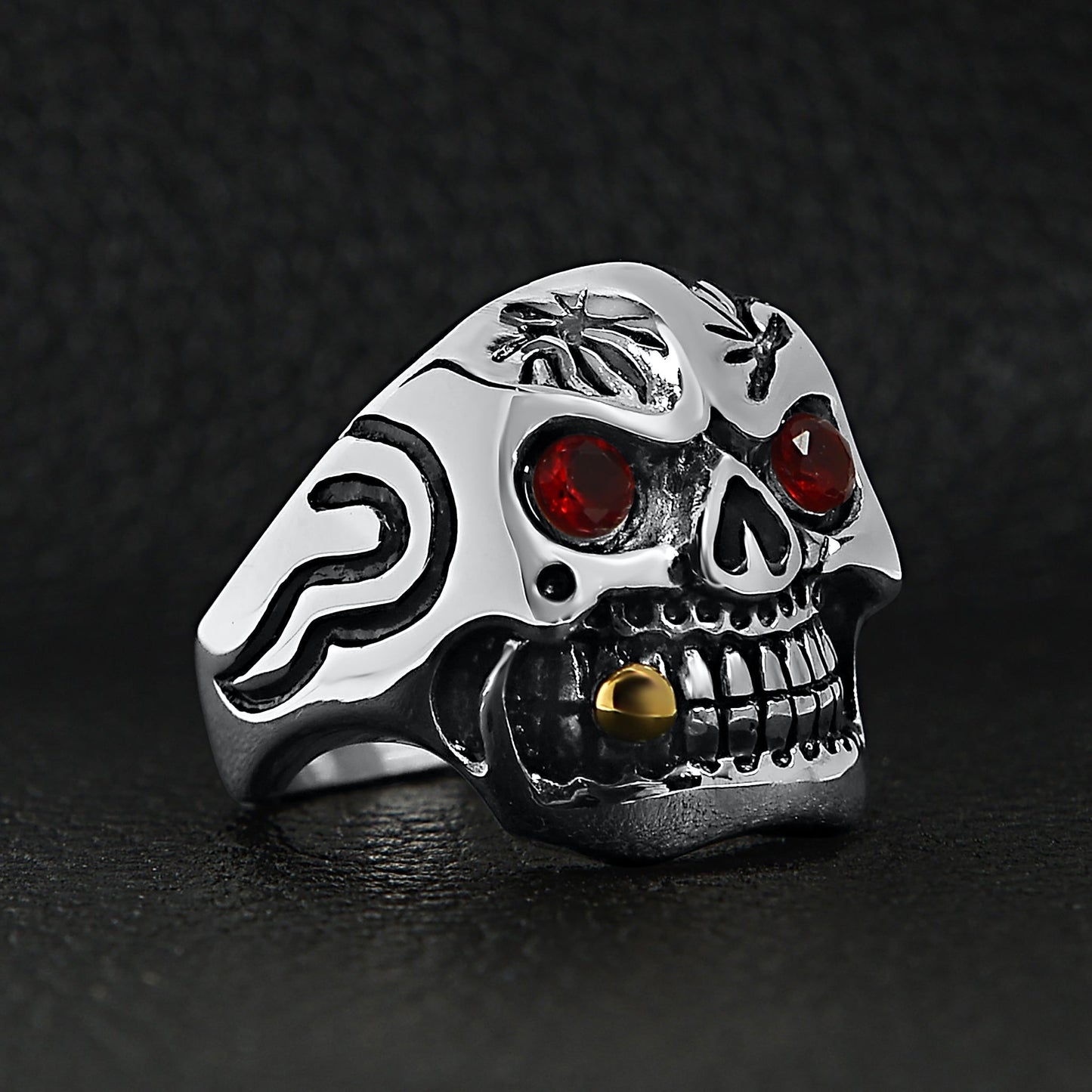 Stainless Steel Bullet Cigar Smoking Red CZ Eyed Skull Ring