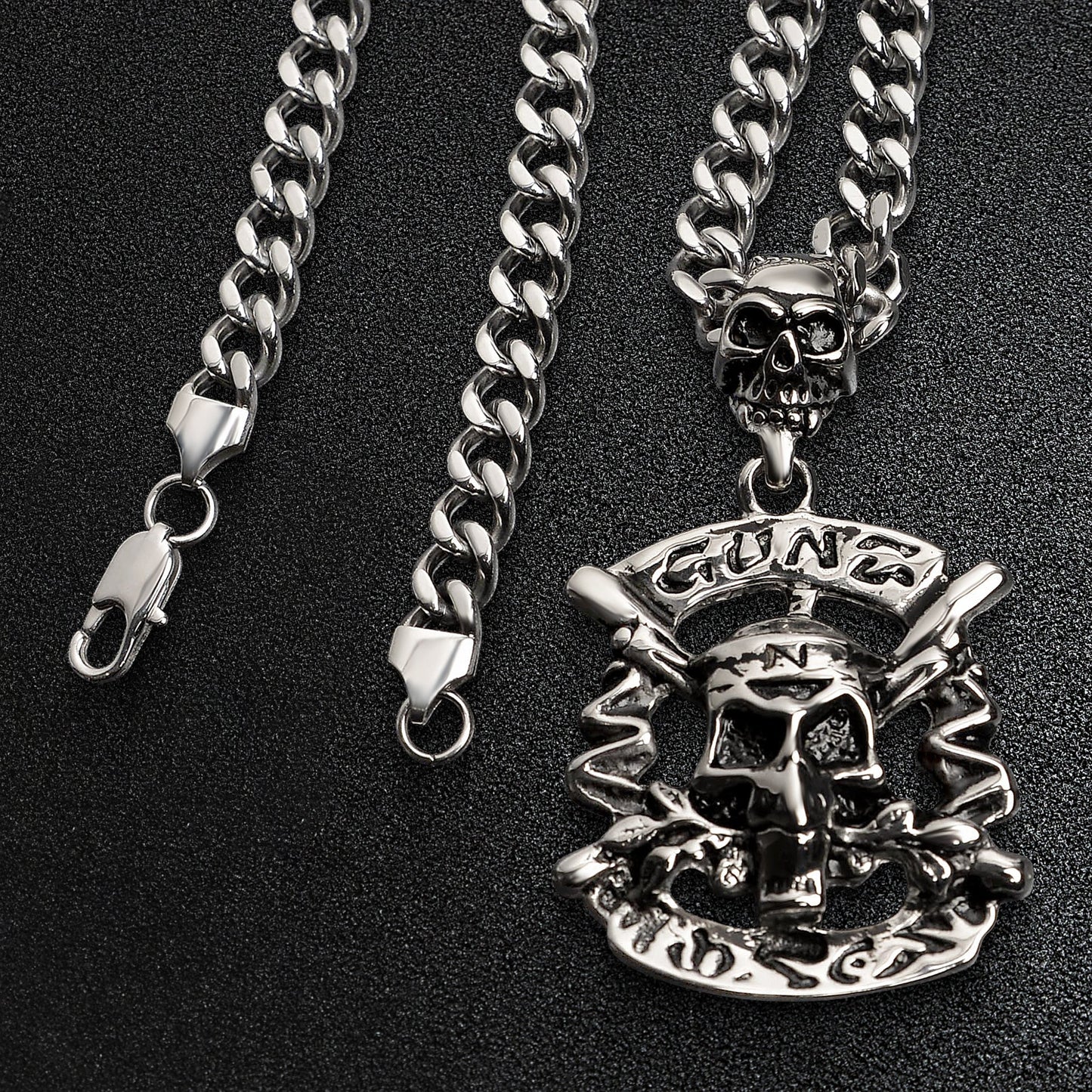 Stainless Steel Gunz N Roses Skull Curb Chain Necklace