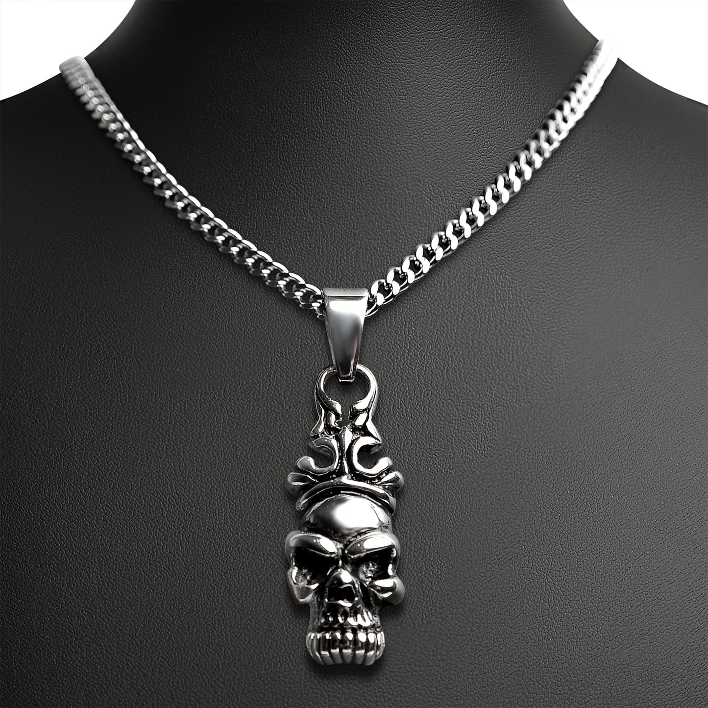 Stainless Steel Skull with Filigree Crown Curb Chain Necklace