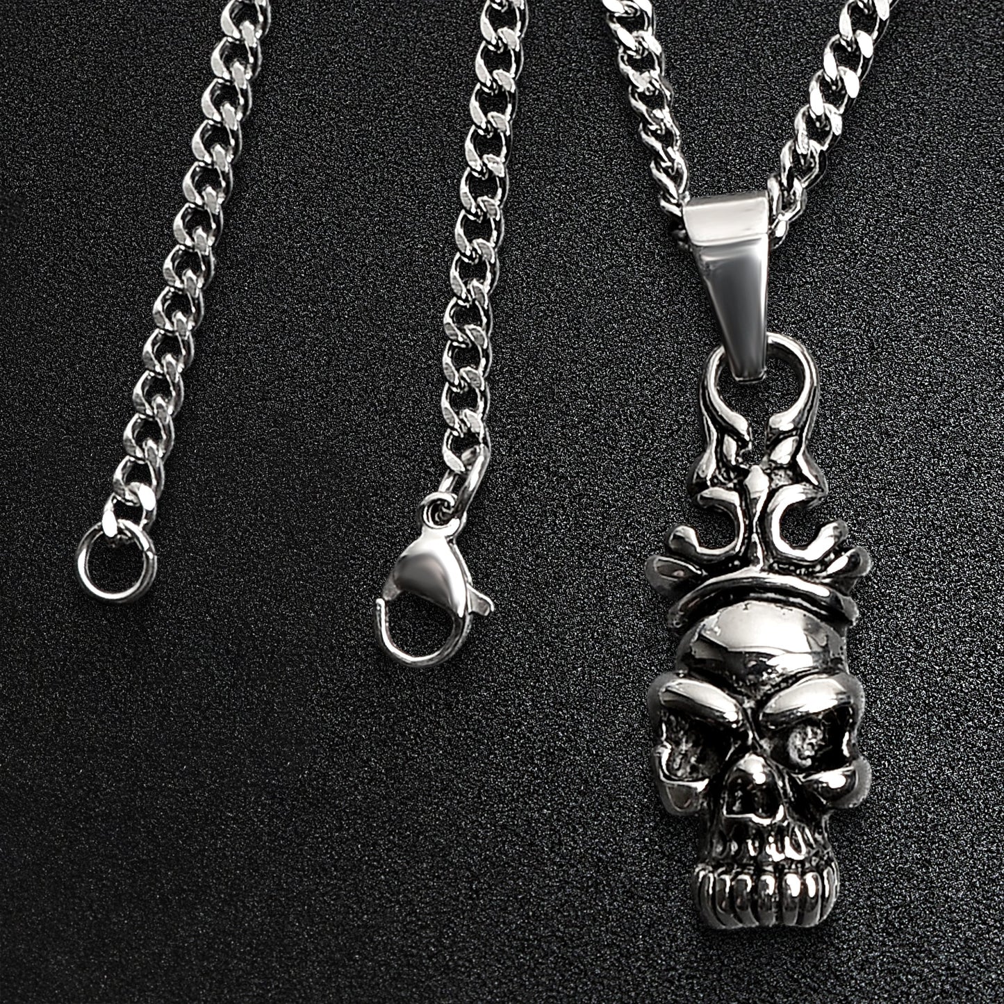 Stainless Steel Skull with Filigree Crown Curb Chain Necklace