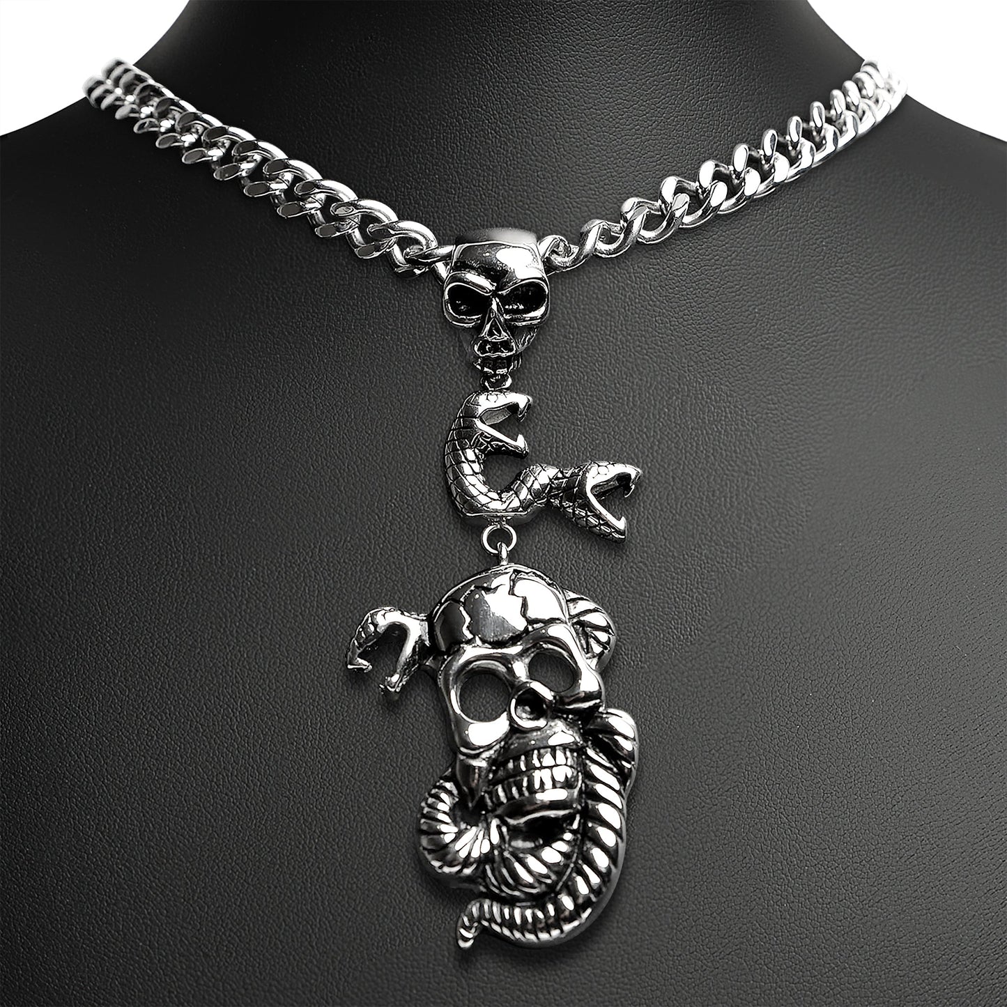Stainless Steel Large Skulls And Snakes Curb Chain Necklace
