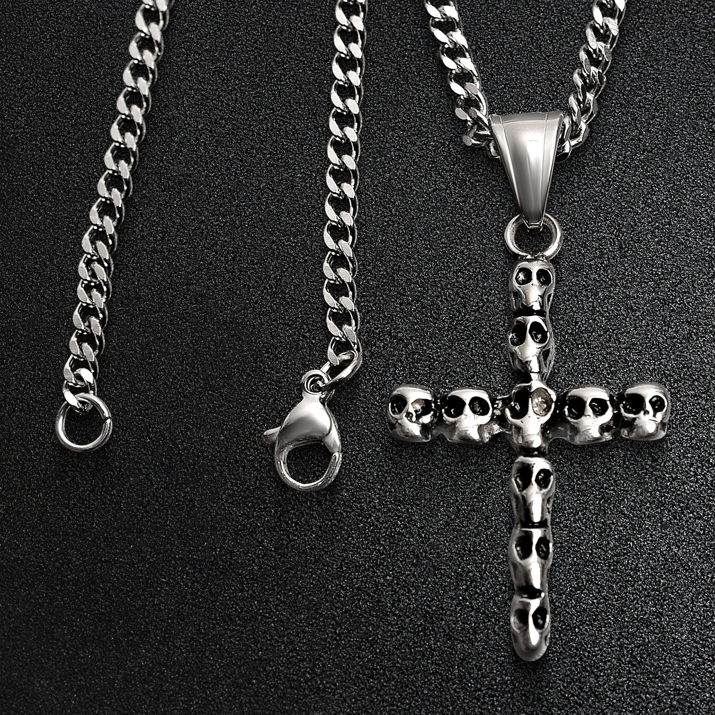 Stainless Steel Cross Of Skulls Curb Chain Necklace