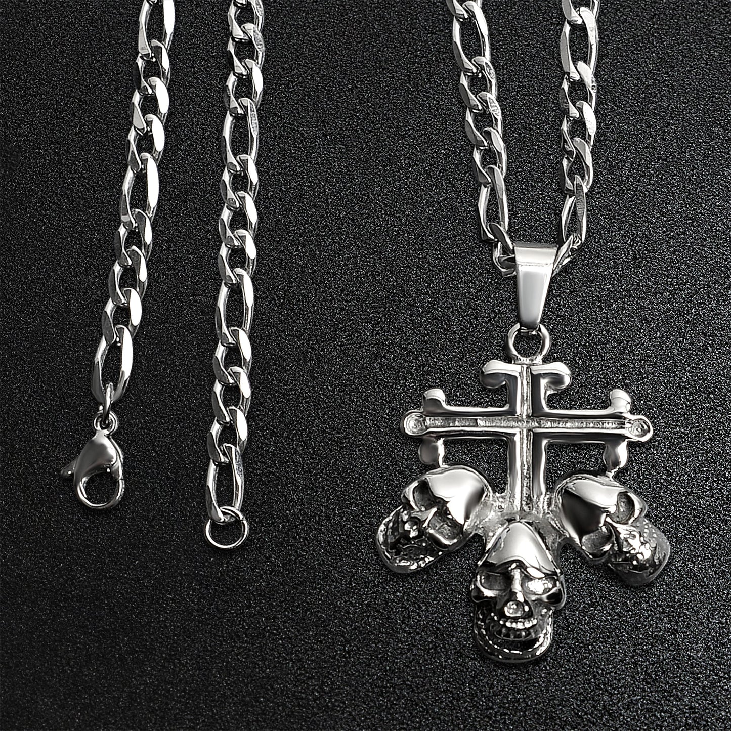 Stainless Steel Triple Skulls On Cross Figaro Chain Necklace