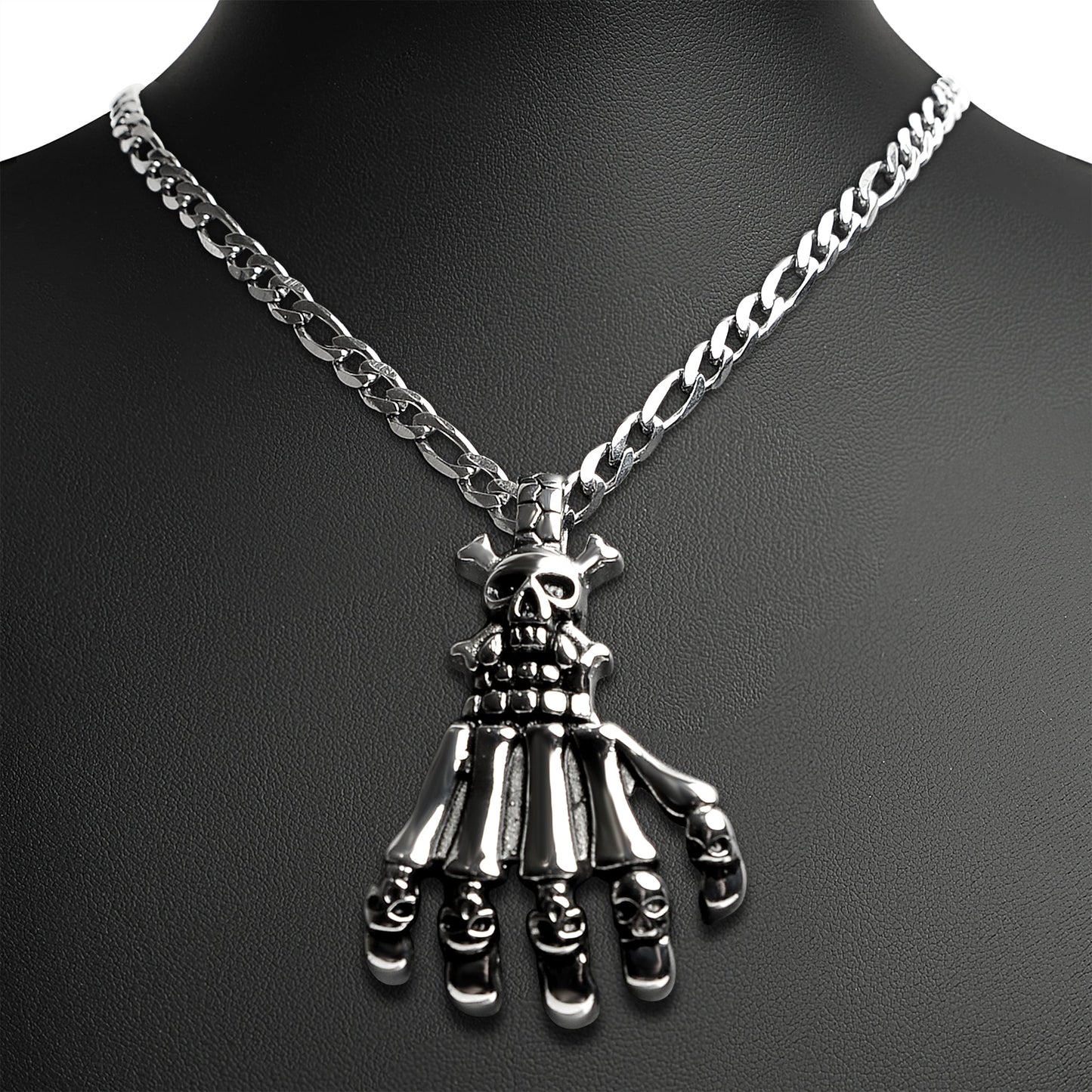Stainless Steel Skull Skeleton Hand Figaro Chain Necklace