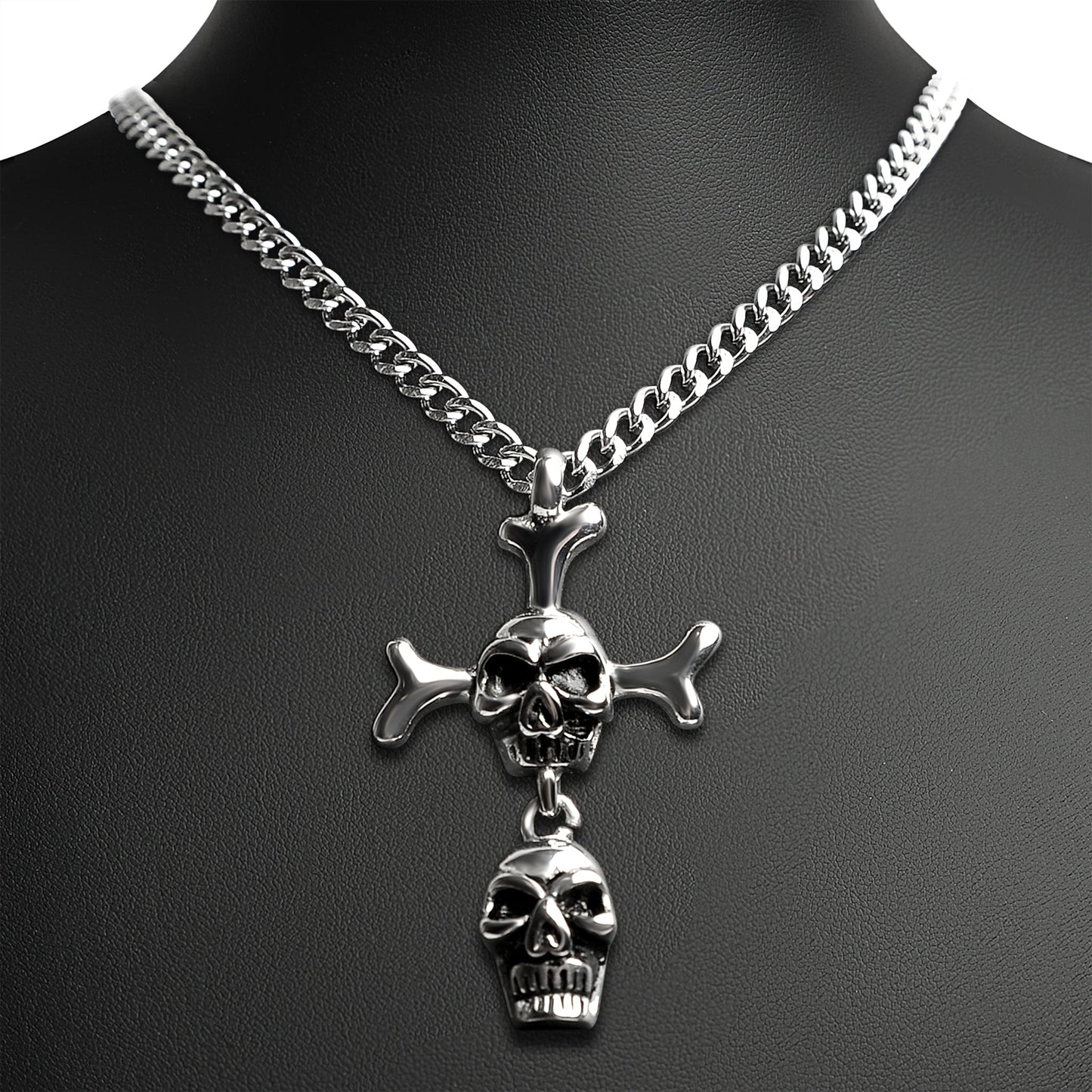 Stainless Steel Double Skull And Bones Figaro Chain Necklace