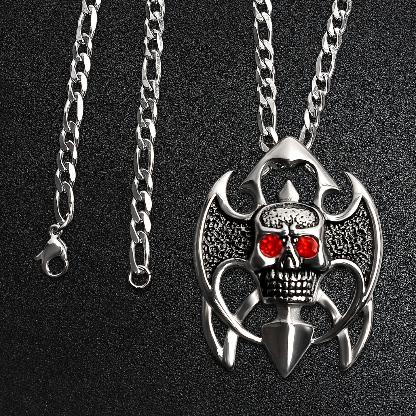 Stainless Steel Tribal Red CZ Eyed Skull Figaro Chain Necklace