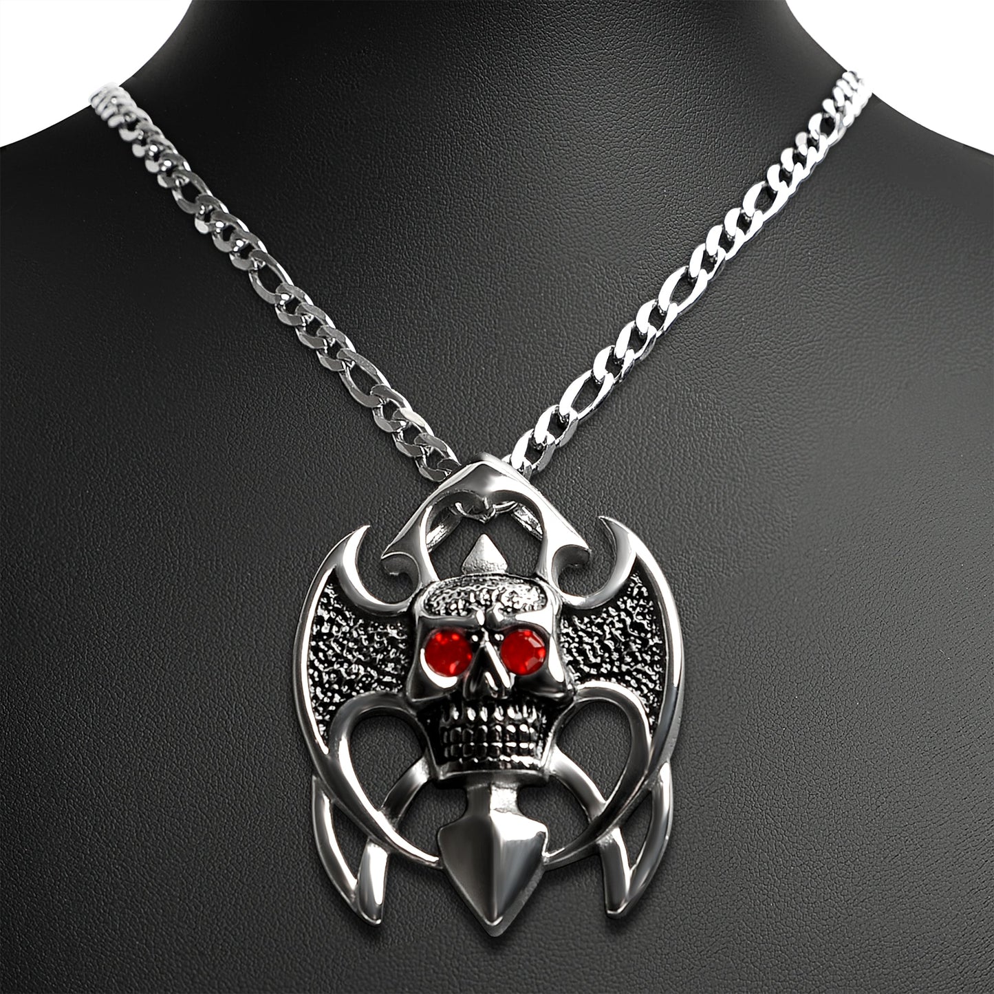 Stainless Steel Tribal Red CZ Eyed Skull Figaro Chain Necklace