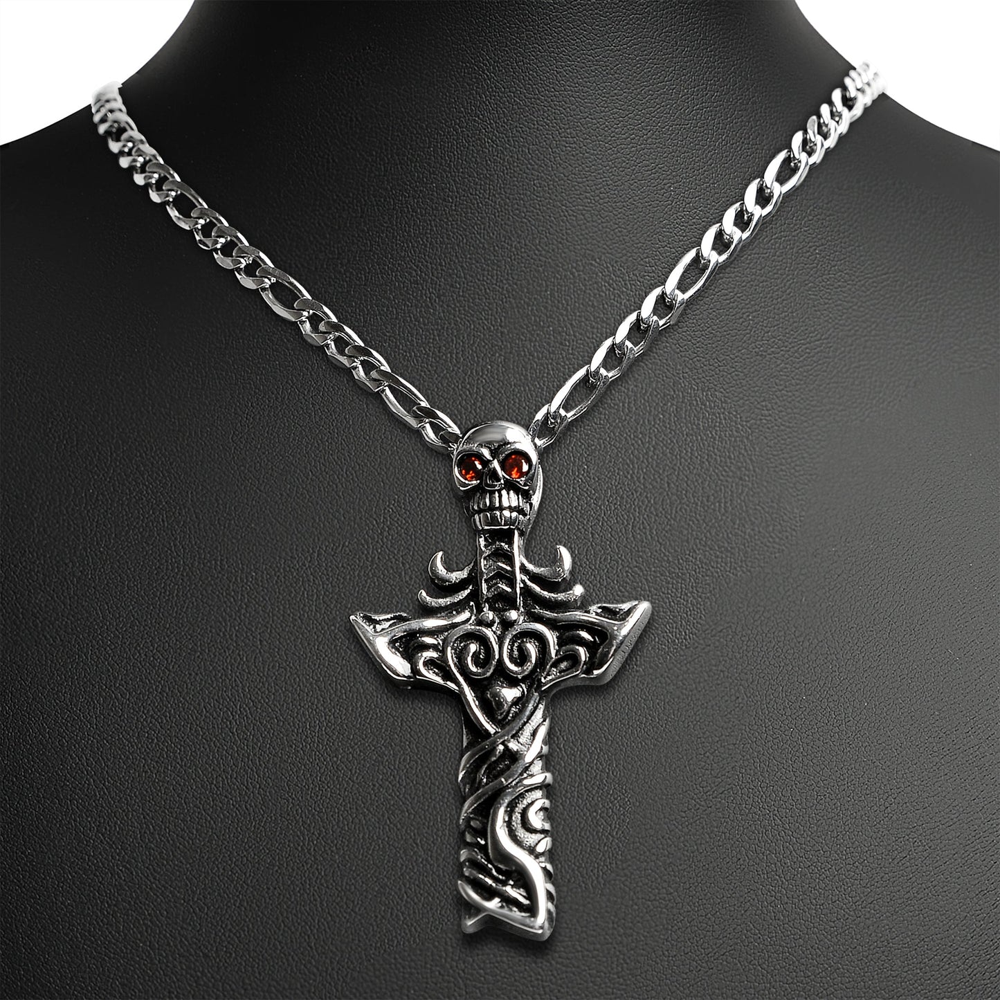Stainless Steel Red CZ Eyed Skull Cross Figaro Chain Necklace