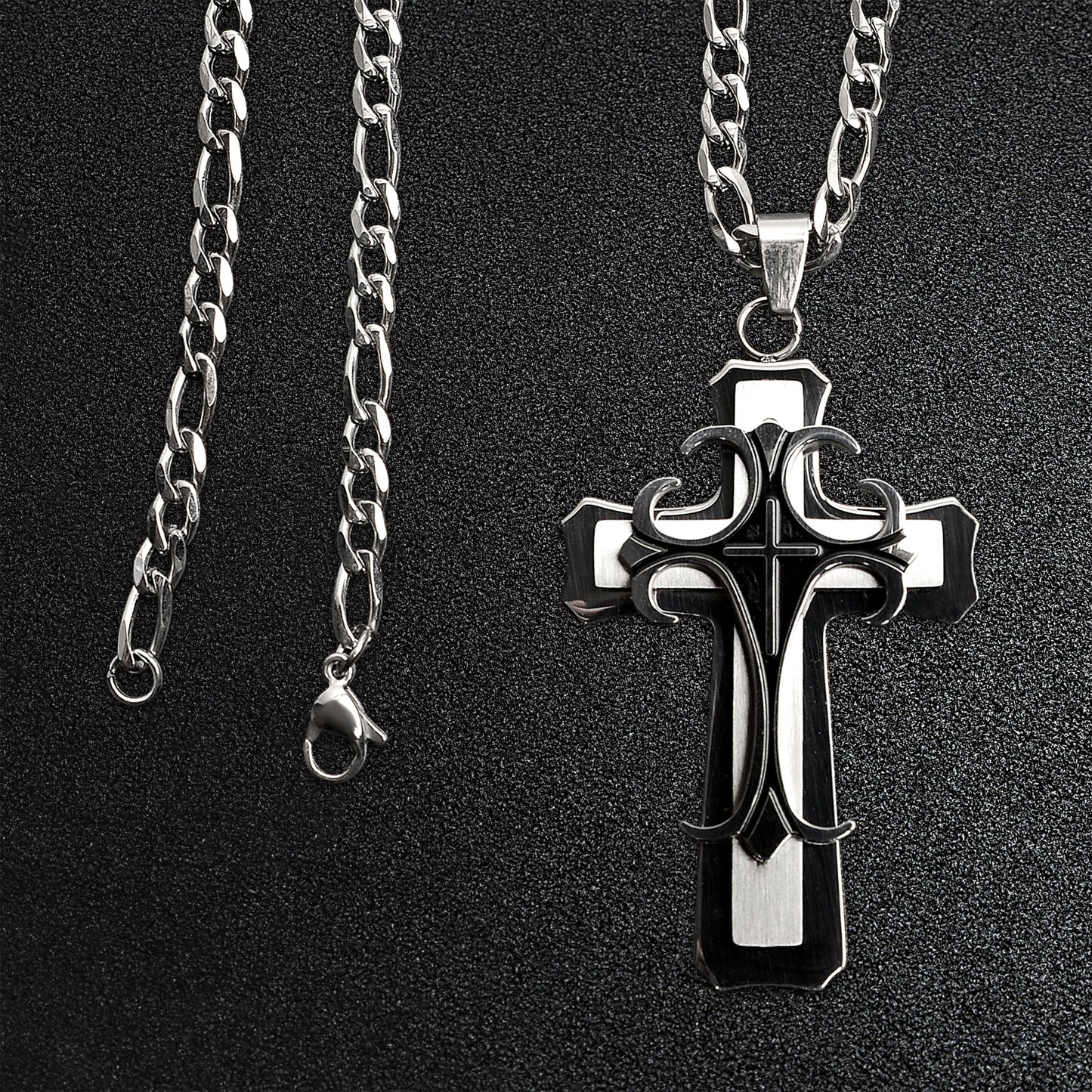Stainless Steel And Black Layered Cross Figaro Chain Necklace