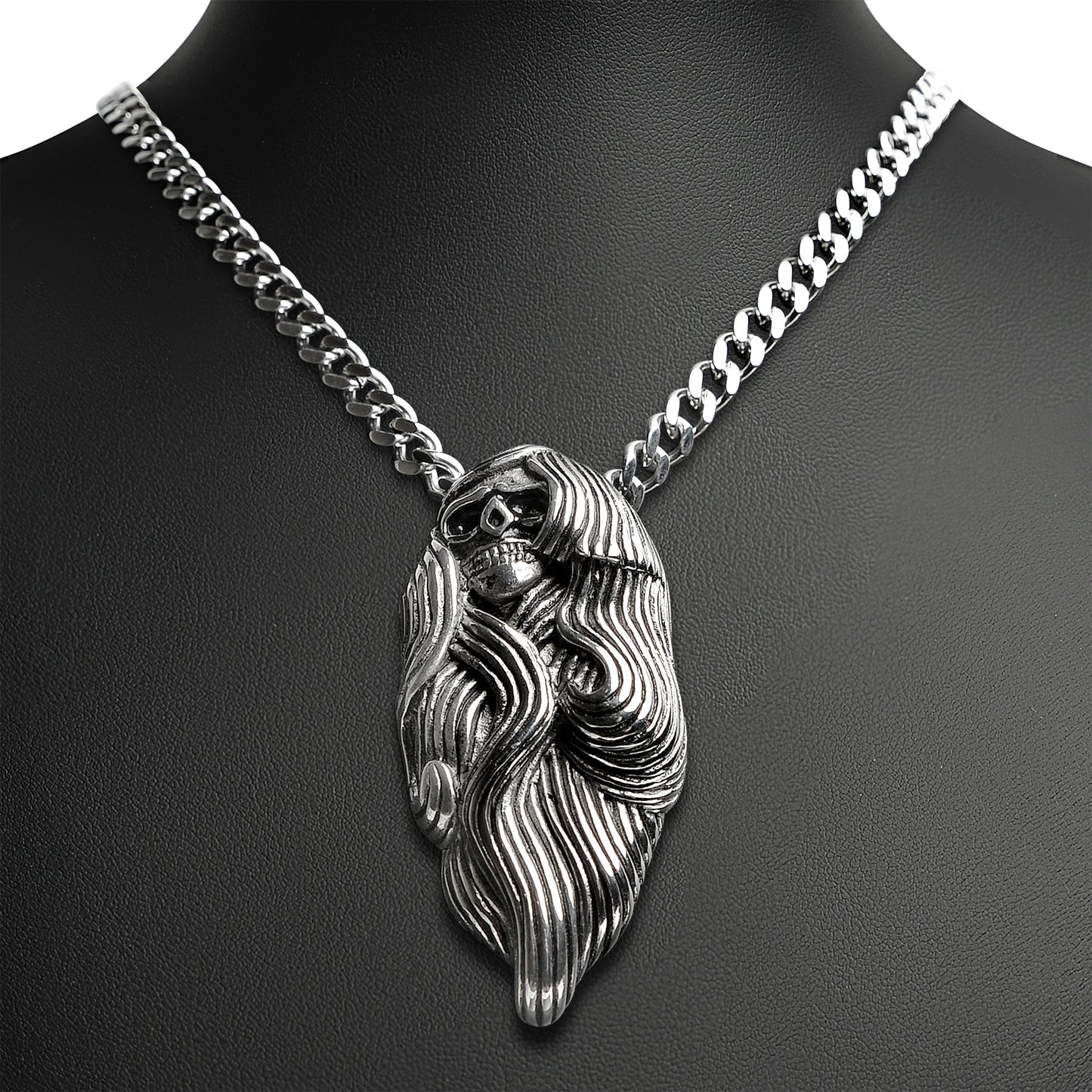 Stainless Steel Large Long Hair Skull Curb Chain Necklace