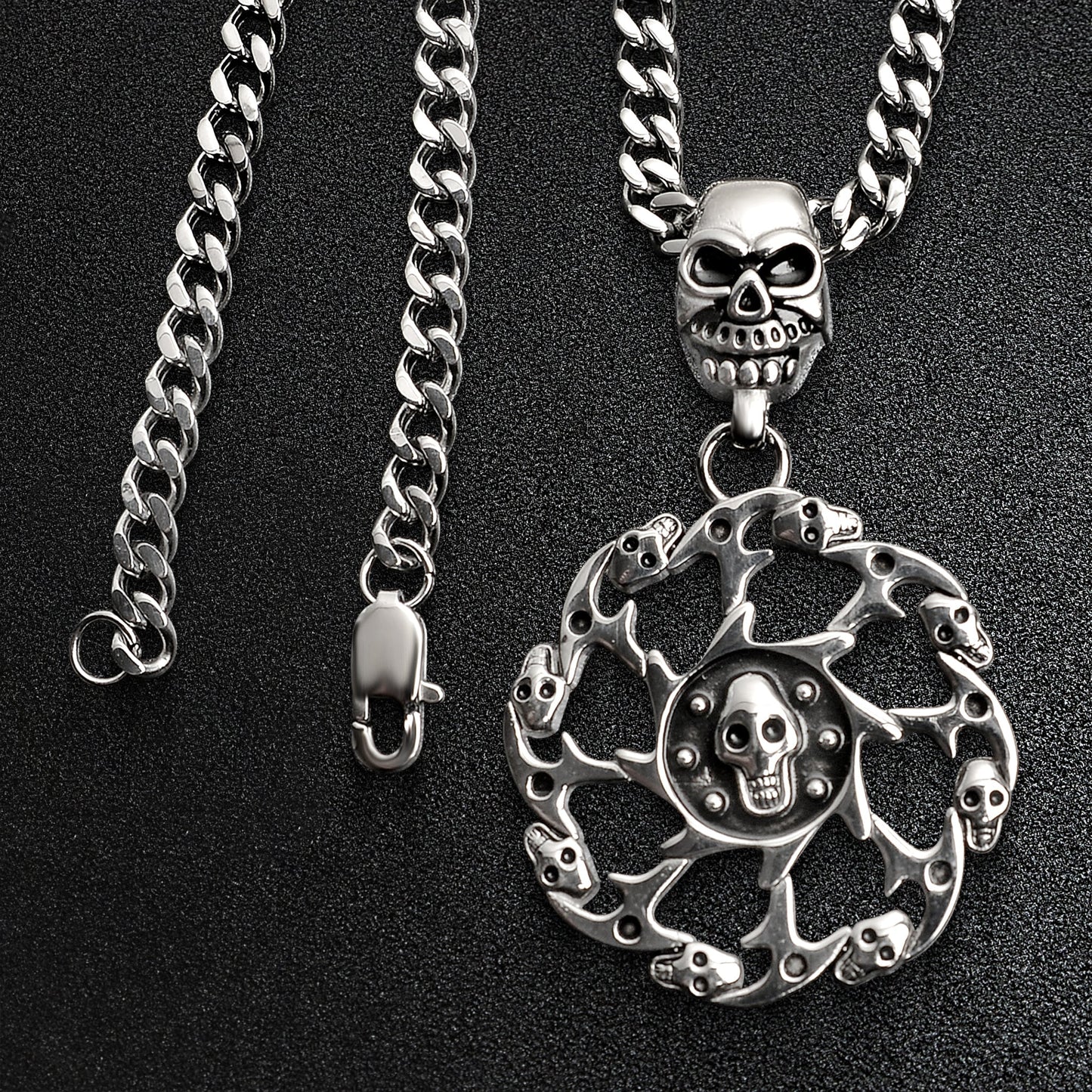 Stainless Steel Skull Spiked Death Wheel Curb Chain Necklace