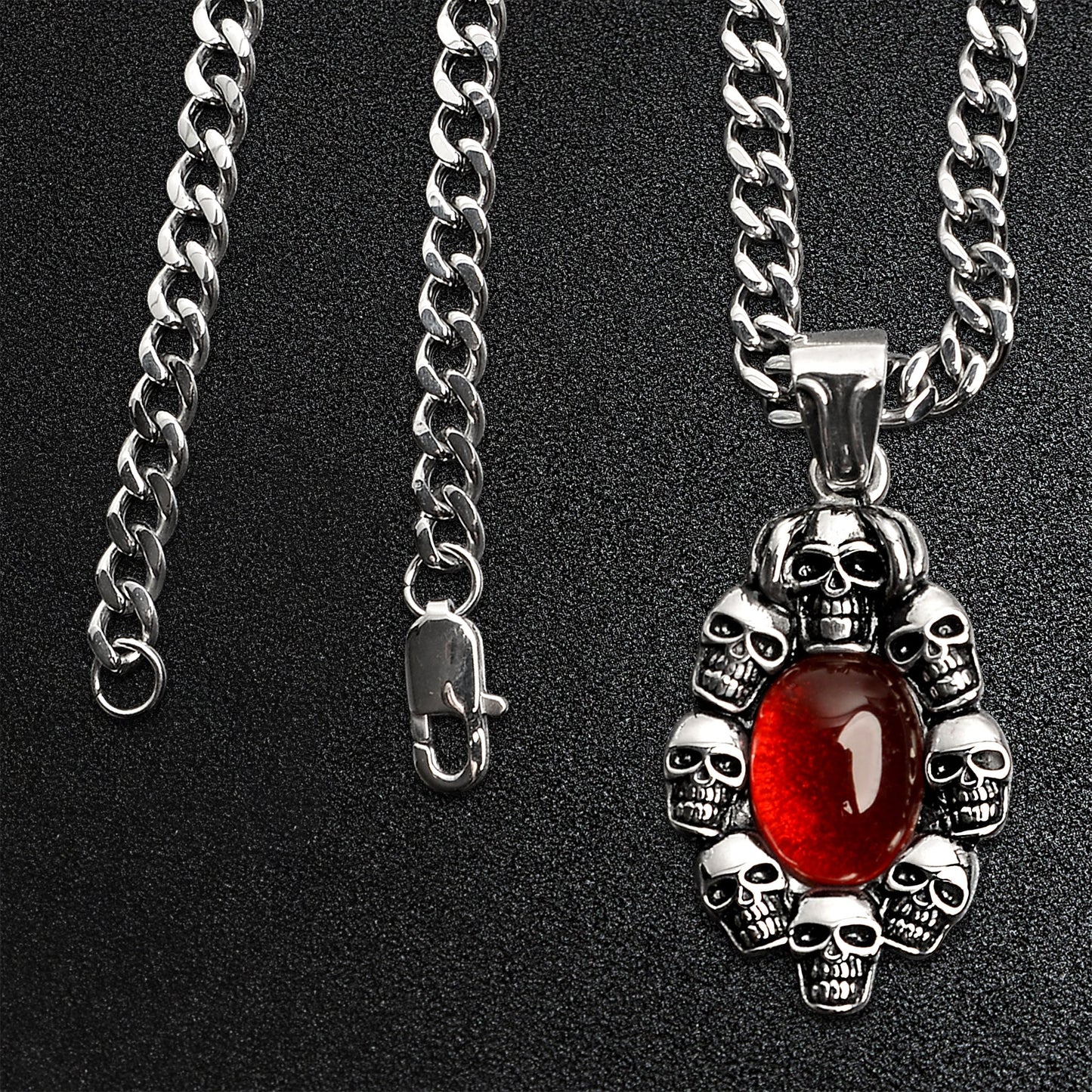 Stainless Steel Skulls With Red Glass Center Curb Chain Necklace