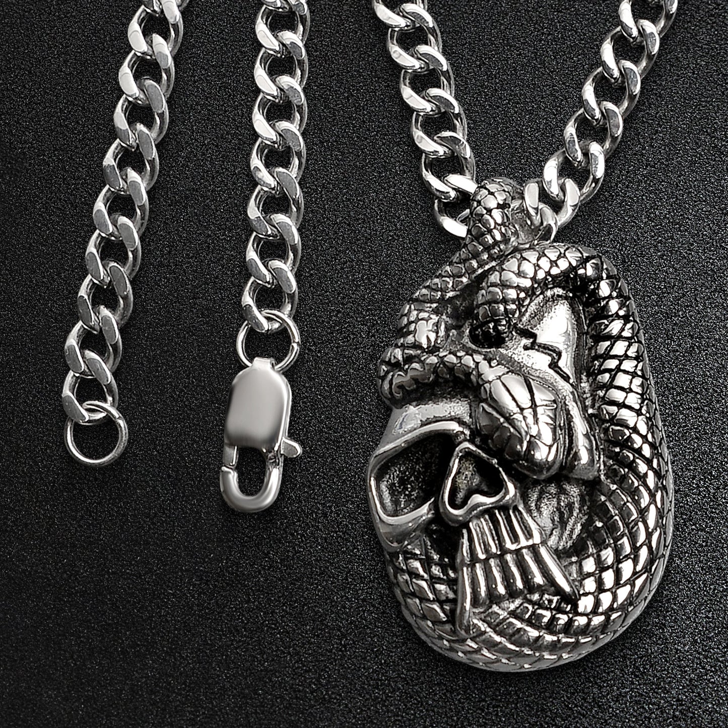 Stainless Steel Snake In Skull Curb Chain Necklace