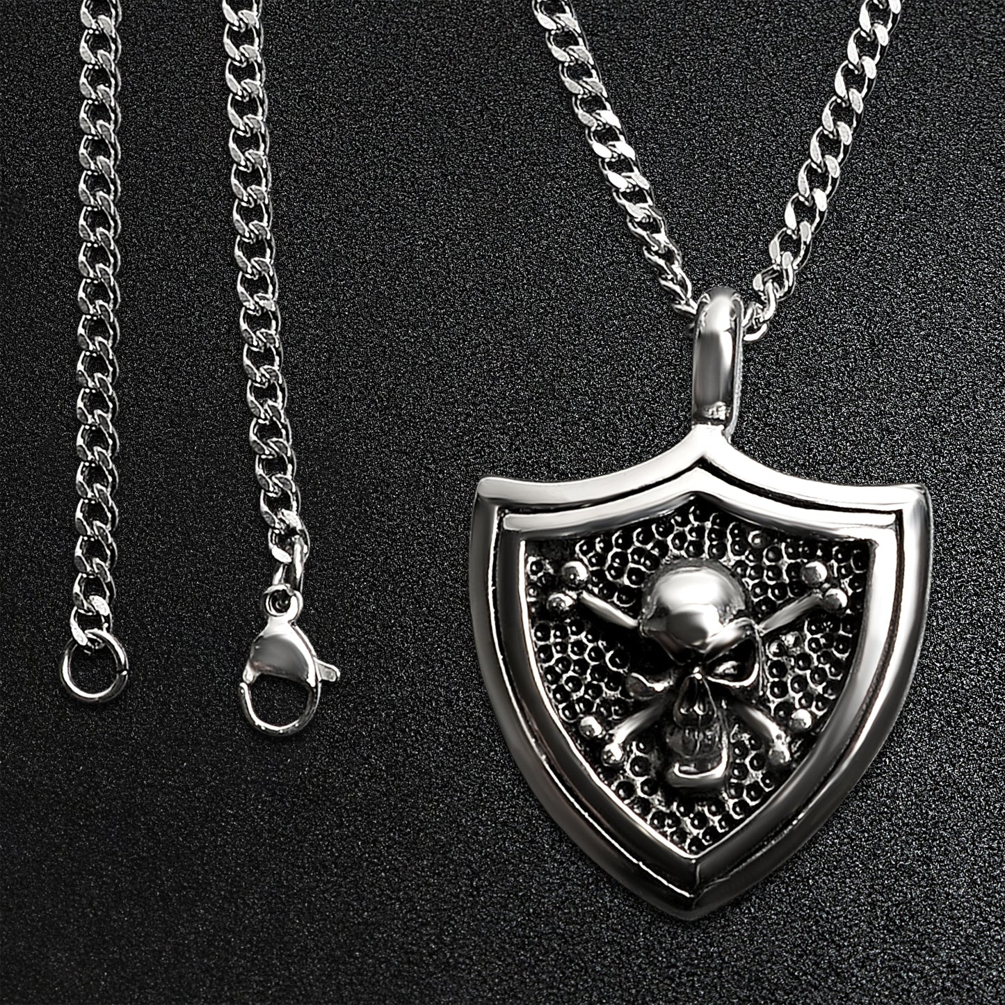 Stainless Steel Skull And Crossbones Shield Curb Chain Necklace