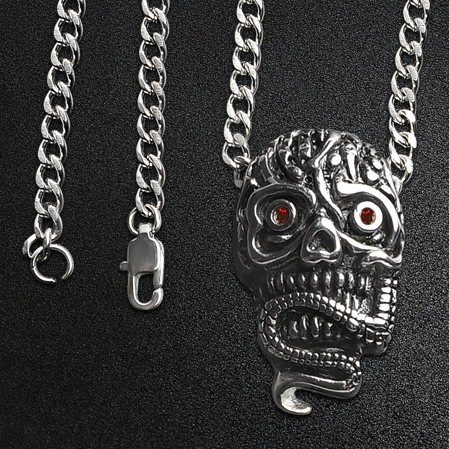 Stainless Steel Red CZ Eyed Skull With Snake Curb Chain Necklace