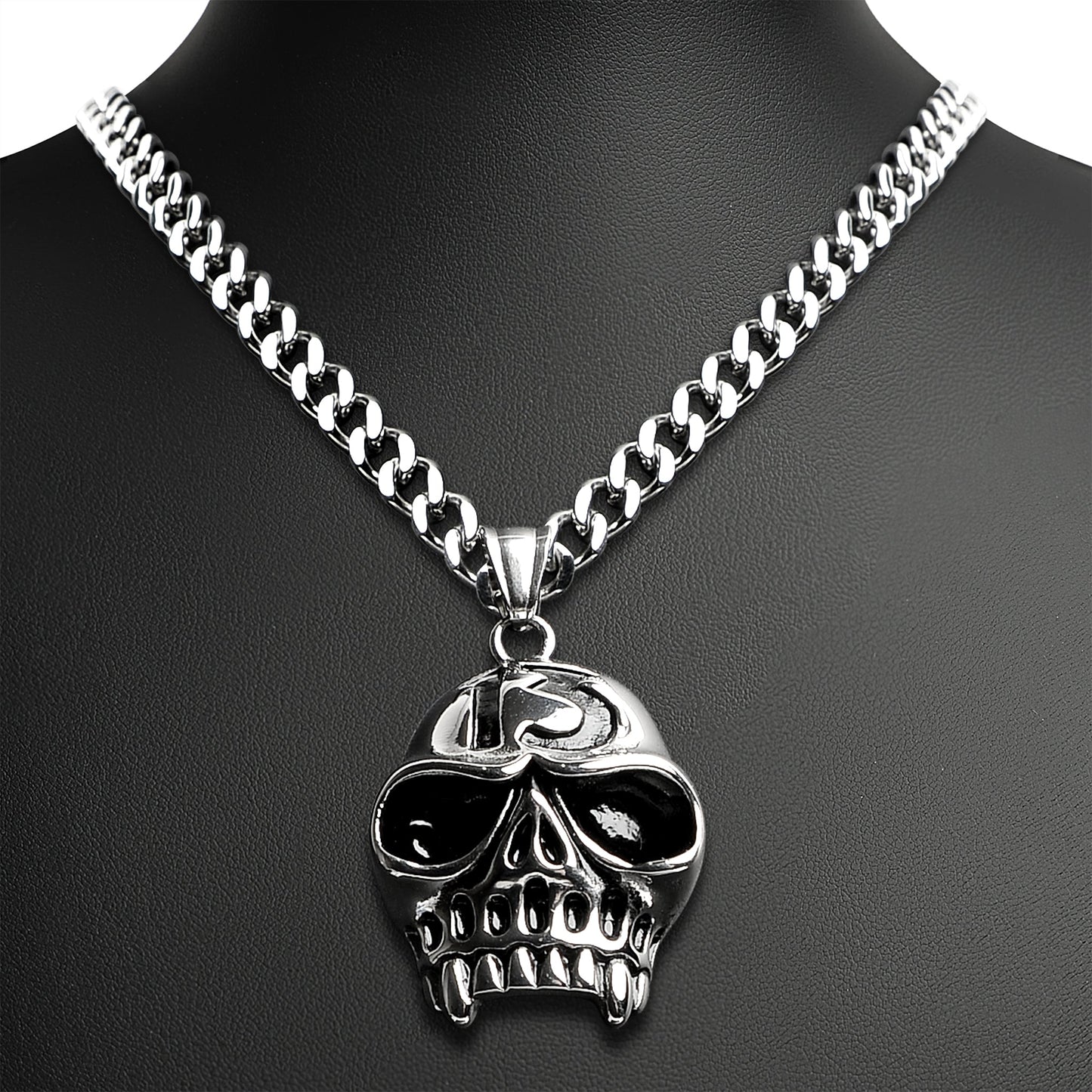 Stainless Steel "13" Fanged Skull Curb Chain Necklace